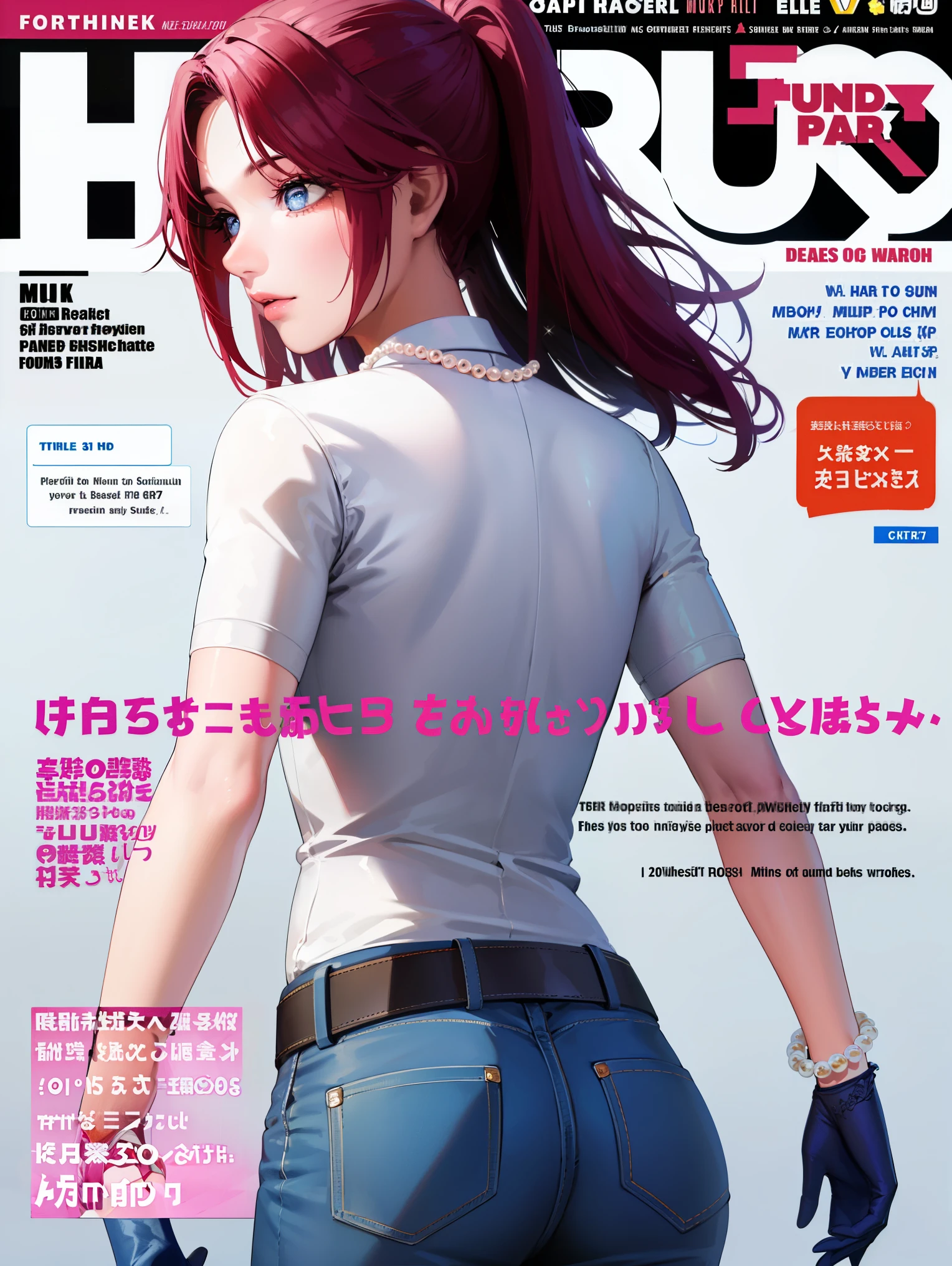 flayallster, flay allster, long hair, (purple eyes:1.1), red hair, medium hair, (parted bangs:1.5), ponytail,
BREAK (belt, jeans, pearl_necklace, bracelet, black gloves, white shirt,ultragirl, ultraman bodysuit:1.2)
BREAK from behind,  ((magazine cover)), lineart, colorful, magazine title, text,
BREAK (masterpiece:1.2), best quality, high resolution, unity 8k wallpaper, (illustration:0.8), (beautiful detailed eyes:1.6), extremely detailed face, perfect lighting, extremely detailed CG, (perfect hands, perfect anatomy),