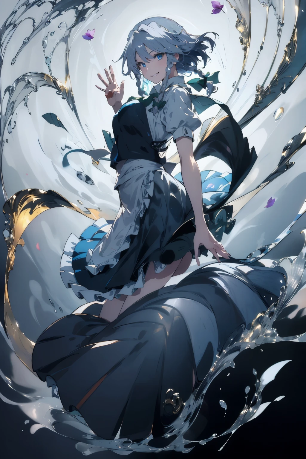 masterpiece, best quality, illustration, 1girl, solo, Izayoi Sakuya, (white short hair), maid headband, sharp eyes, (vivid color), light, thick smoke:1.6, (floating white ink:1.8), Cyan flame, (beautiful and clear background:1.25), (depth of field:0.7), Dreamlike, (highres:1.2), (ultra-detailed:1.2), (extremely detailed CG unity 8k wallpaper:1.2), (traditional media), (sketch:1.1), finely detailed beautiful eyes and detailed face, Knives, (flying petals:1.2), (evil smile:1.5), (waving at viewer:1.5), dynamic colors, colorful, dynamic pose, dynamic angle, (full body:1.5), Touhou, izayoi sakuya, medium breasts, (detailed eyes), cute, beauty, HDR, 4K, nier anime style, harmony, izayoi sakuya