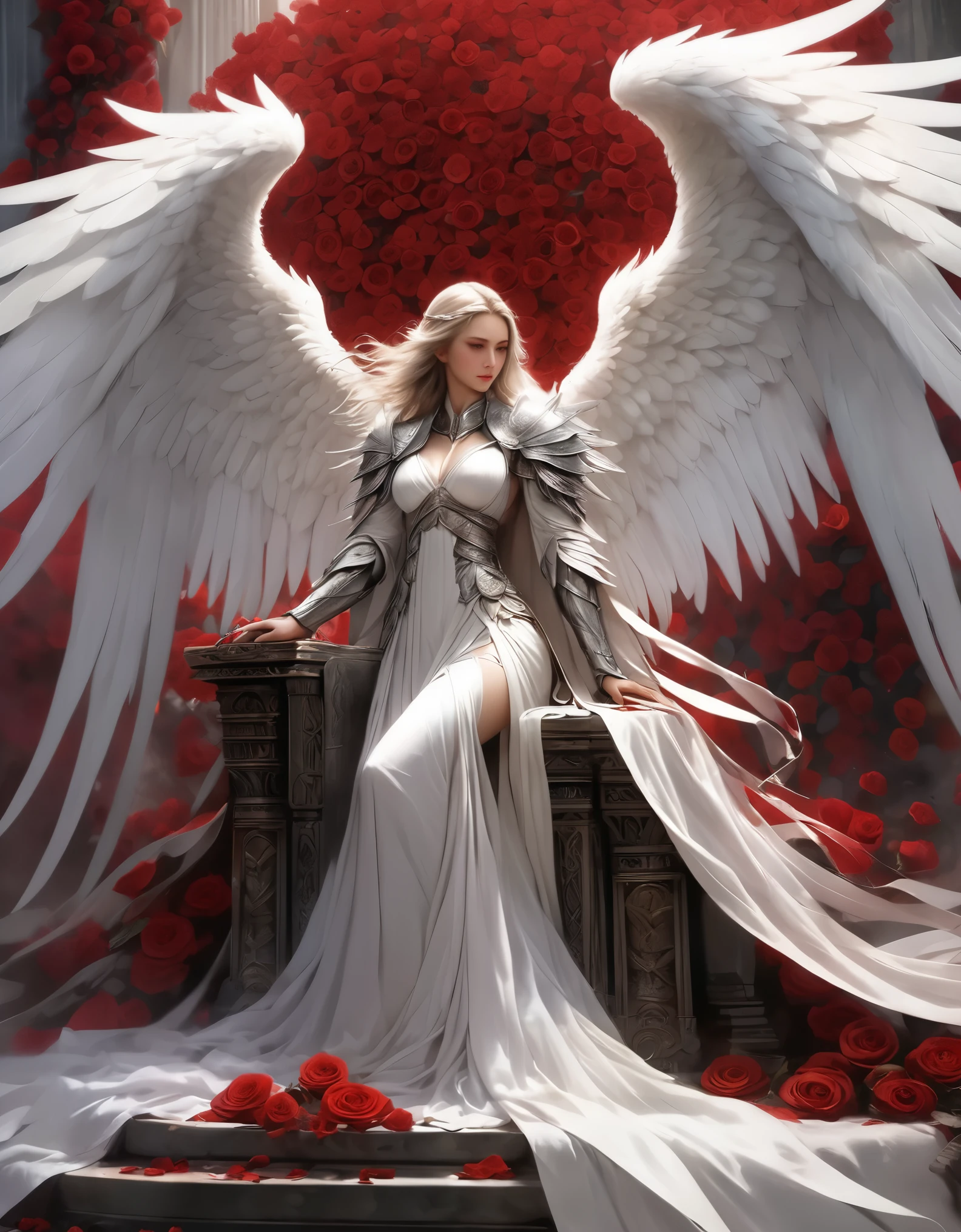 White robe, Thorns, Injury, An angel wrapped in huge wings, Goddess of Battle, mori kei, dark silver, romantic academia, full body, ferrania p30, Pray with both hands, Thorny rattan, Red rose, A gigantic sword, A throne made of stone, Bandage, Epic scene