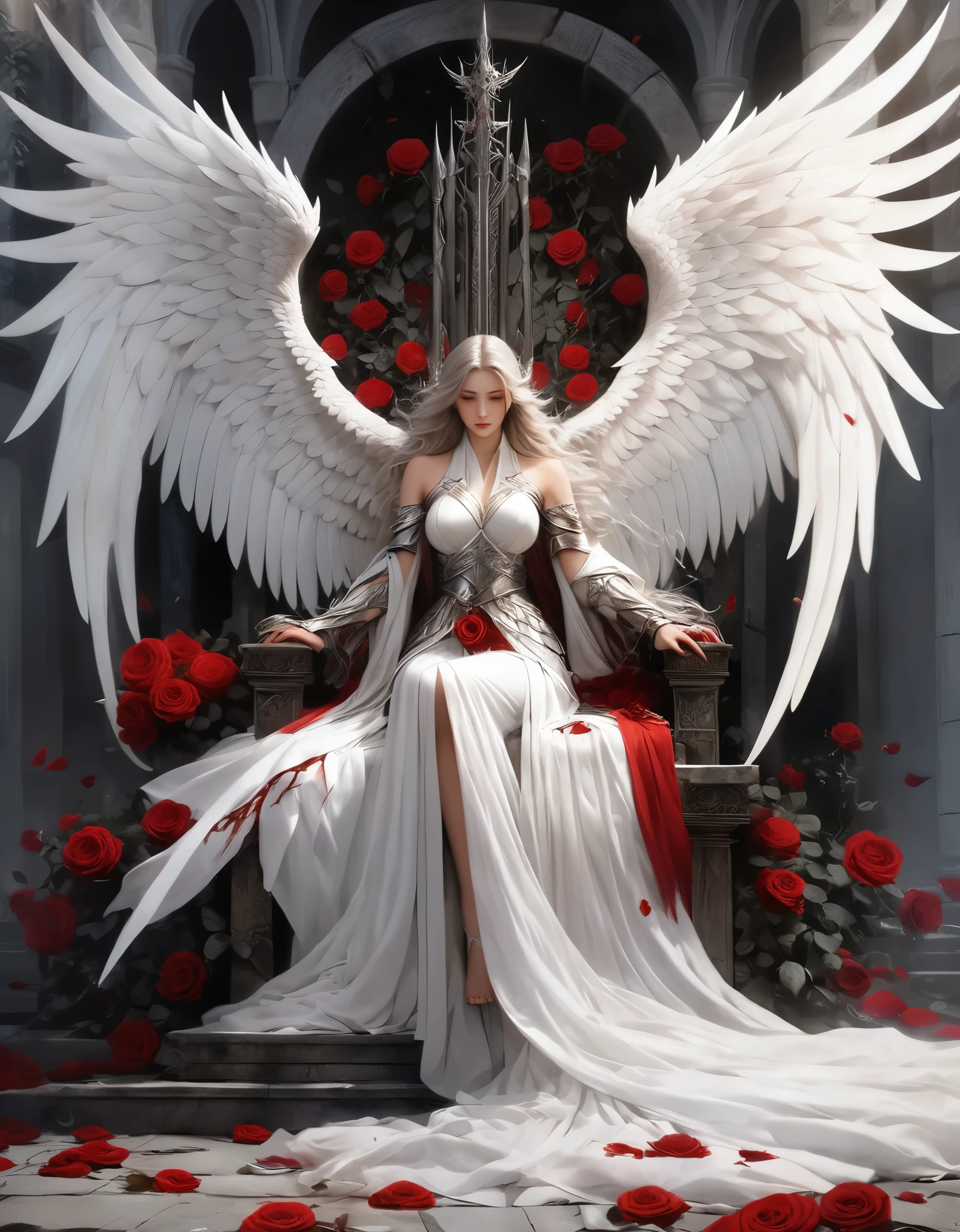 White robe, Thorns, Injury, An angel wrapped in huge wings, Goddess of Battle, mori kei, dark silver, romantic academia, full body, ferrania p30, Pray with both hands, Thorny rattan, Red rose, A gigantic sword, A throne made of stone, Bandage, Epic scene
