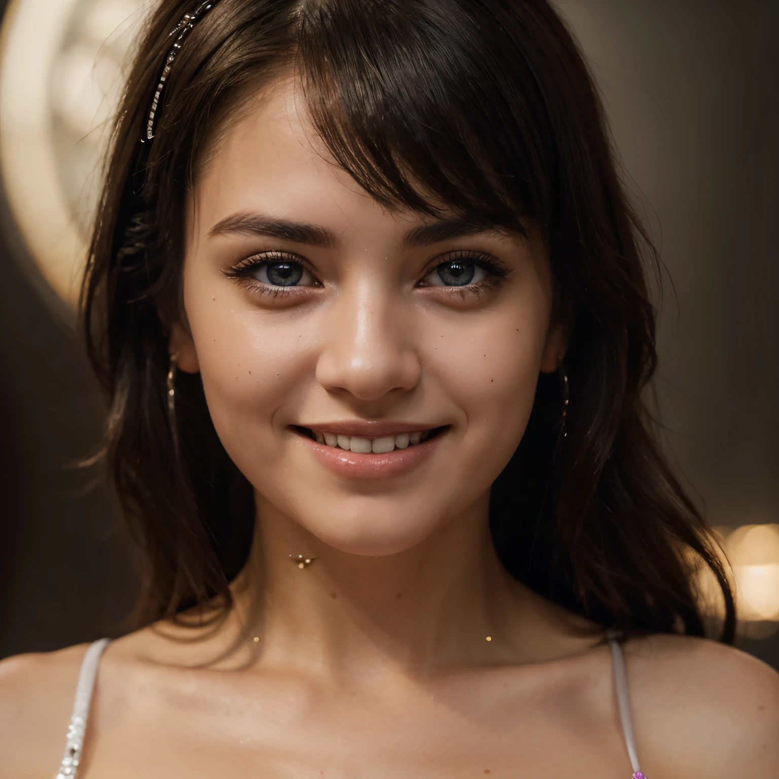 ((masterpiece, best quality)), highres, 8k, cinematic light, high contrast, depth of field, intense glow, detailed background, 1girl, cute, detailed eyes, sparkle in eyes, detailed iris, grin, stylized, open mouth, fang,