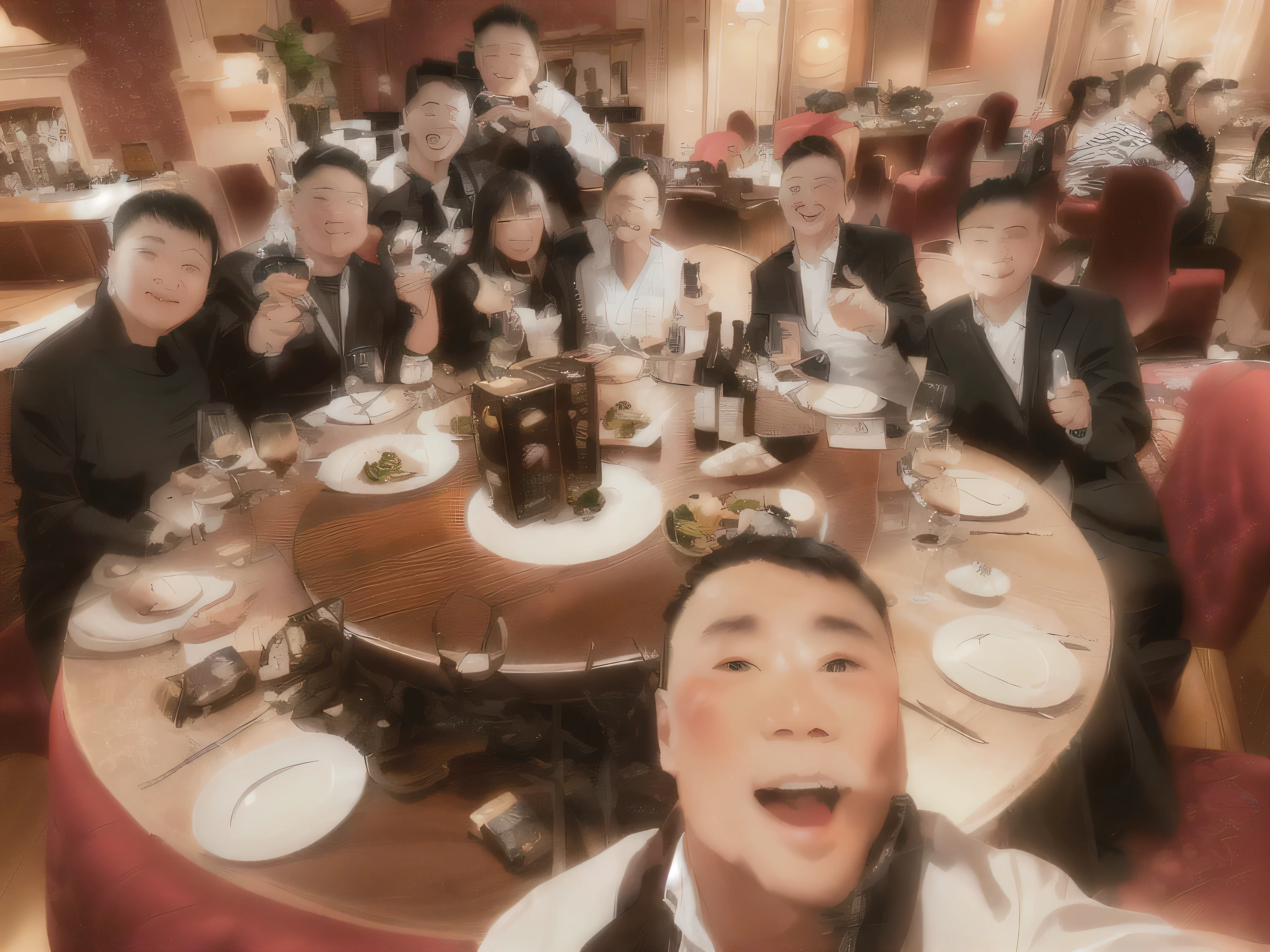 several people sitting at the table,Plates and wine glasses on the table, Photo taken in 2 0 2 0, 2 0 2 2 Photos, Everyone had a great time, from China, 2 0 1 9, 2019, grand!, 2 0 2 0, 2020, Album photos, group photo, 2. 0, 🕹️ 😎 🚬