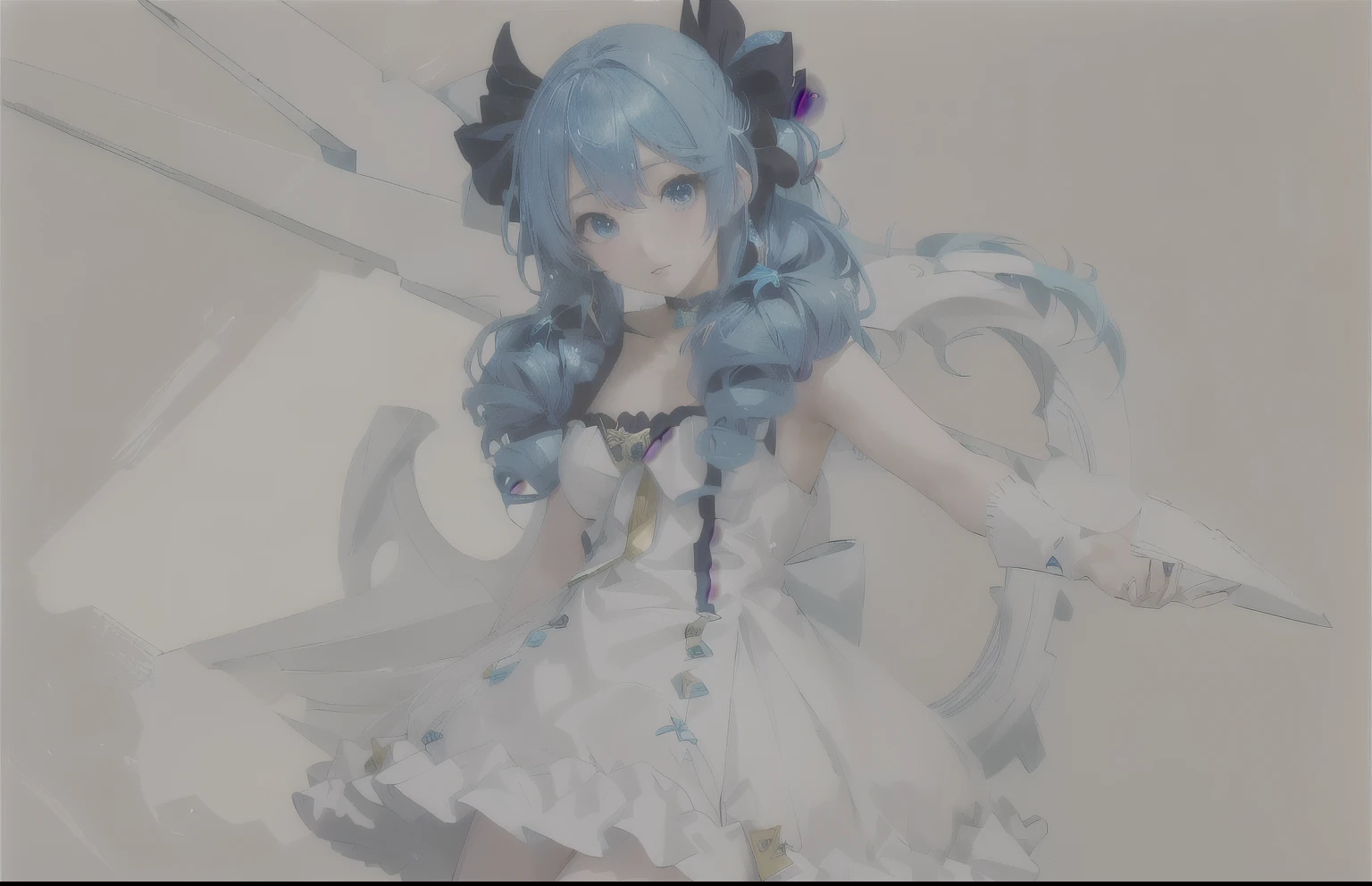 Chica anime con cabello azul y bincha azul con un vestido blanco., arte digital en pixiv, herramienta de pintura sai!! blue, ganador del concurso pixiv, pixiv, hecho con estudio de pintor anime, Pixiv 3DCG, miku, estilo pixiv, Arte Zerochan, estilo anime 2d, mejor valorados en pixiv, cirno, en pixiv,detalla la tijera el color,satura la imagen,mejora la imagen