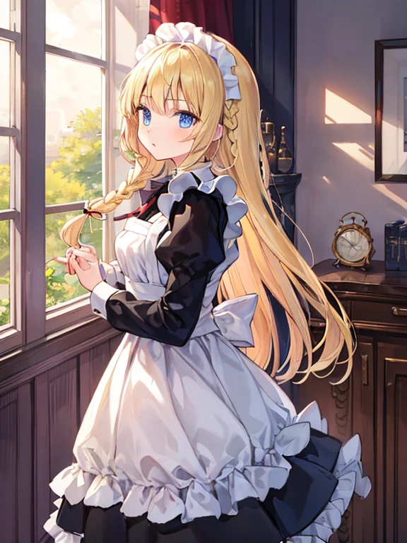 (8k, highest quality, Tabletop:1.2)、Ultra-high resolution, One 14-year-old girl, Perfect Fingers, Detailed face, blue eyes, Blonde, Braid, Long Hair, Black maid outfit, Inside the castle, Standing on the windowsill