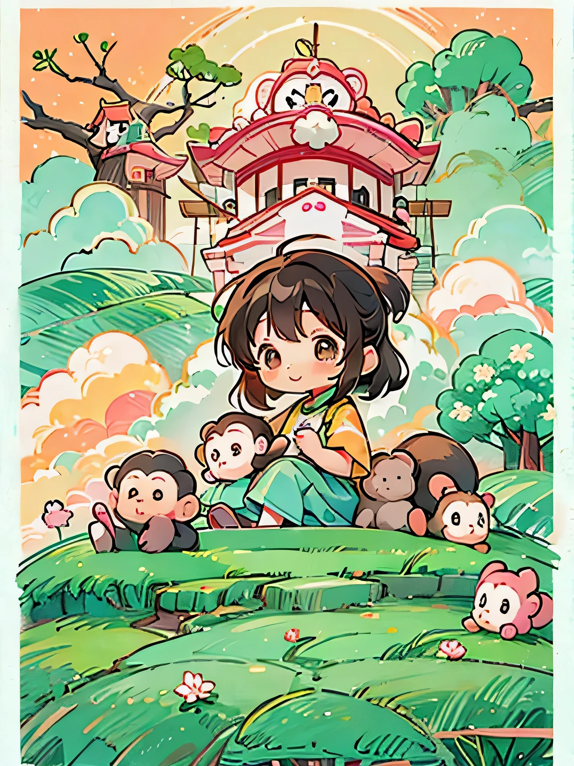 Momoko Sakura style, Kawaii Design, Chibi girl monkey, monkey Forest, Above the Clouds, Carrying you