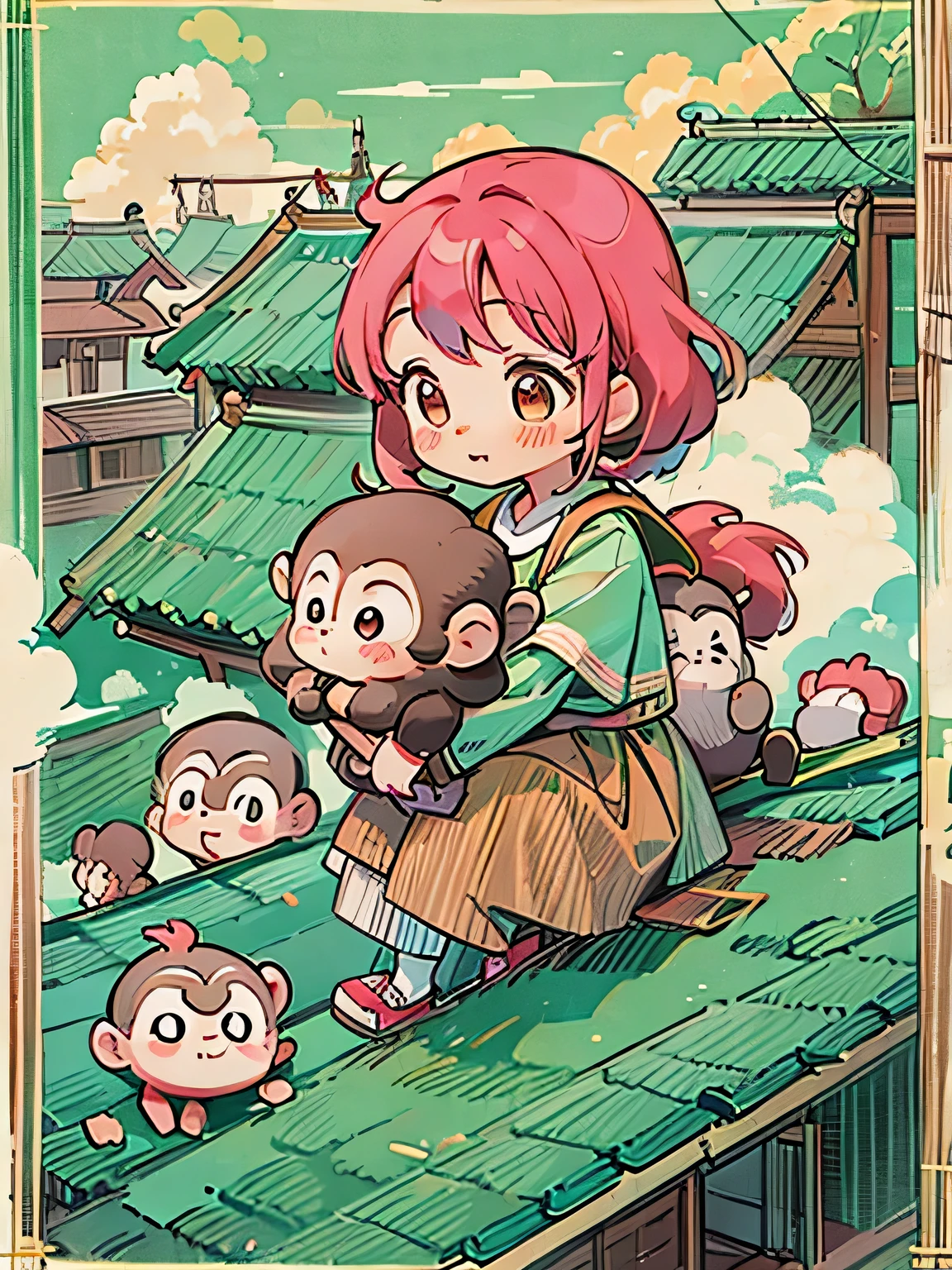 Momoko Sakura style, Kawaii Design, Chibi girl monkey, monkey Forest, Above the Clouds, Carrying you