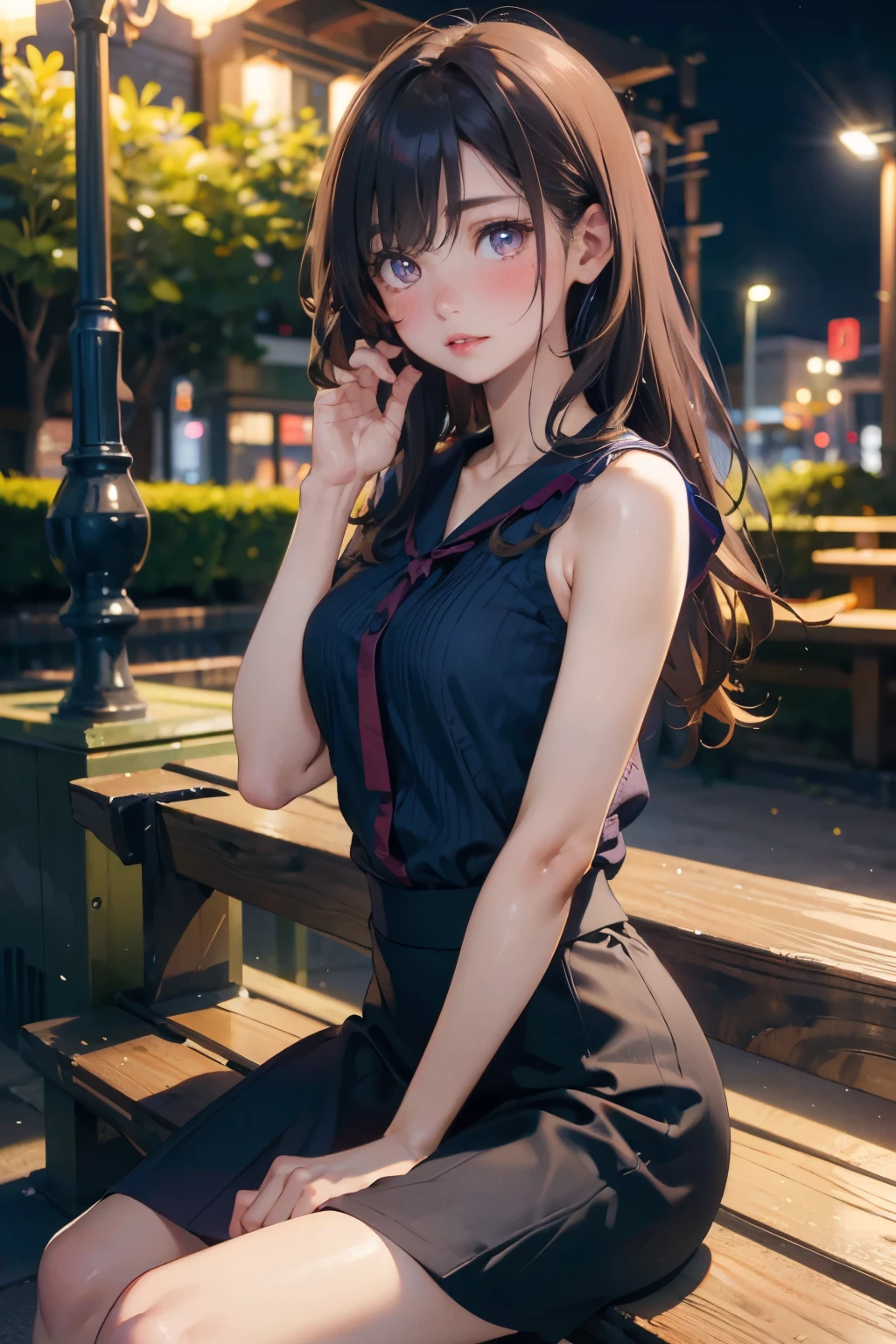 first-person-view, (masterpiece:1.3), high resolution, ultra detailed, extremely detailed CG unity 8k wallpaper, realistic, photo-realistic, RAW photo, beautiful detailed face, pale skin, realistic glistening skin, detailed cloth texture, detailed hair texture, Perfect body, Beautiful Face, accurate, Anatomically correct, Highly detailed face and skin texture, natural neck length, (beautiful hands), (fair skin:1.2), Thin legs, Thin feet, Well-aligned teeth, 
BREAK, 
Detailed eyes, symmetric eyes, Light Brown eyes, Double eyelids, Thin eyebrows, (Glossy lips:1.4), (drunken face:1.2), (blush:1.3),
BREAK, 
(A Classy and Cute girl:1.3), (wearing a Purple button shirt:1.2), (Wearing a Navy long pencil skirt:1.2),  
medium breasts, (slender figure:1.1), firm abs, beautiful clavicle, 
(Dark blonde hair, wavy hair, long hair:1.2), ((asymmetrical bangs:1.2)), 
BREAK, 
(Sitting side by side on the wood bench with gesture of tying one's hair:1.1),  
(in the park near the station of Japan at night:1.2)),  (Cowboy shot:1.2), looking at viewer, from side,