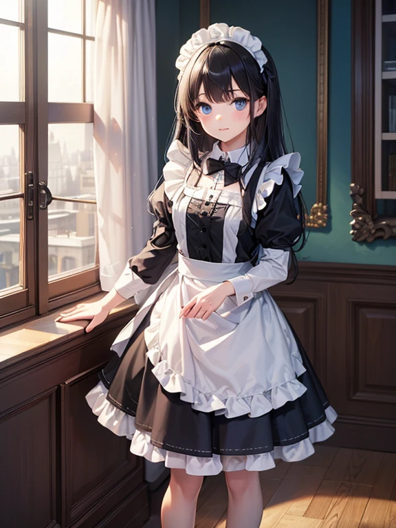 (8k, highest quality, Tabletop:1.2)、Ultra-high resolution, One , Perfect Fingers, Detailed face, blue eyes, Black Hair, Straight Hair, Long Hair, Black maid outfit, Inside the castle, Standing on the windowsill