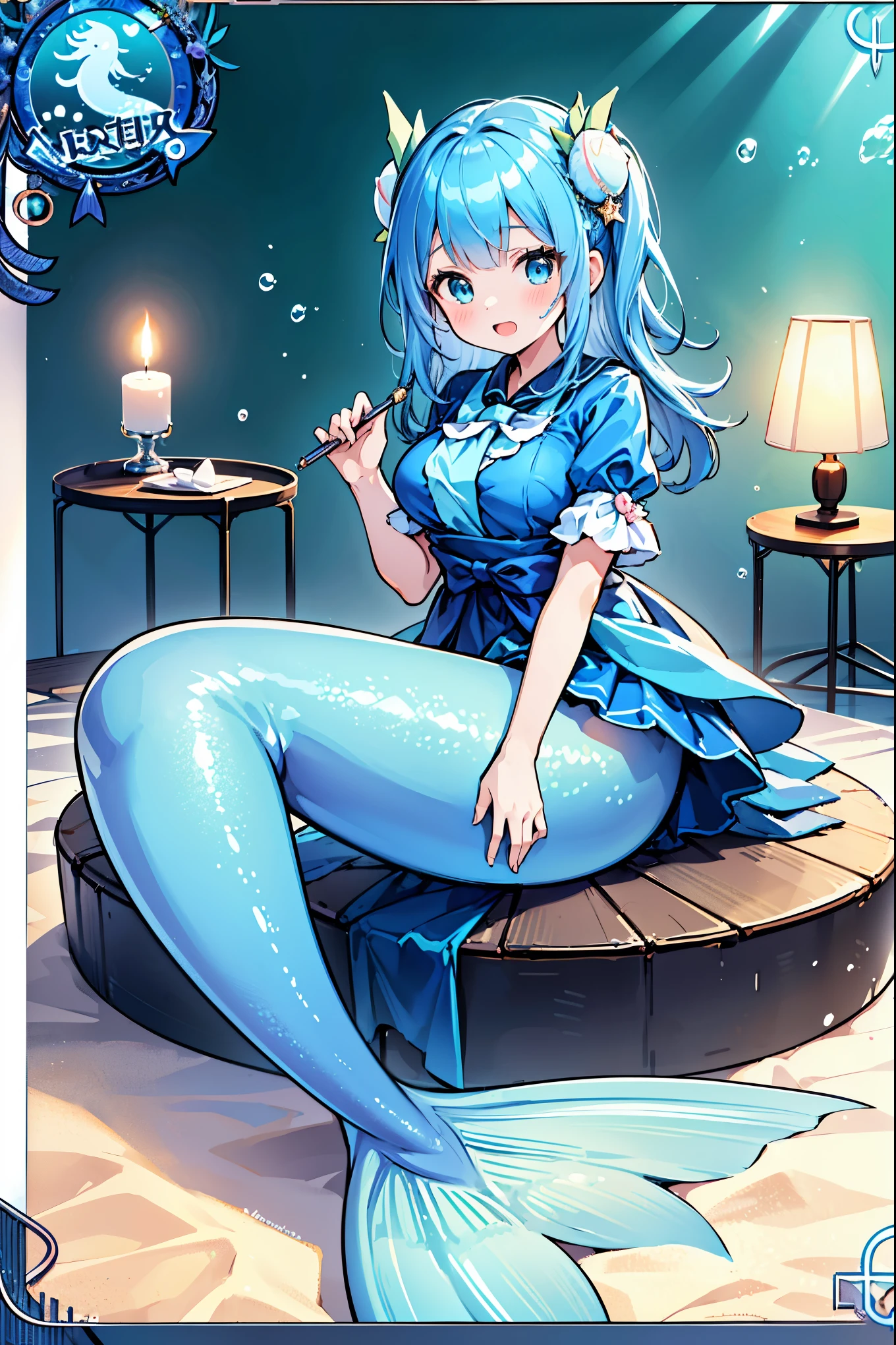 masterpiece, best quality(Full fingers),A woman,Large Breasts,Mermaid,蓝色的Mermaid尾巴,Blue shirt,Blue skirt,full-body shot,seabed,Underwater,Sitting,charming脸(Kawaii, charming,Soft)