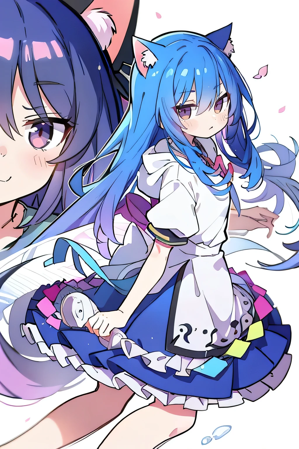 (masterpiece:1.2),Super detailed,lifelike,Expressive eyes,fair skin,perfect face shape,1 girl,
Japanese comics,Gorgeous blue hair,flowing blue hair,flowing clothes,Cat ears,Petals fall,beautiful lola,Baby Angel,
Shaking head with one hand,Cross your legs,Gentle and peaceful background,The pavilion is cool and comfortable,smile, wearing hoodie, background of tokyo,back views,snowing, winter.