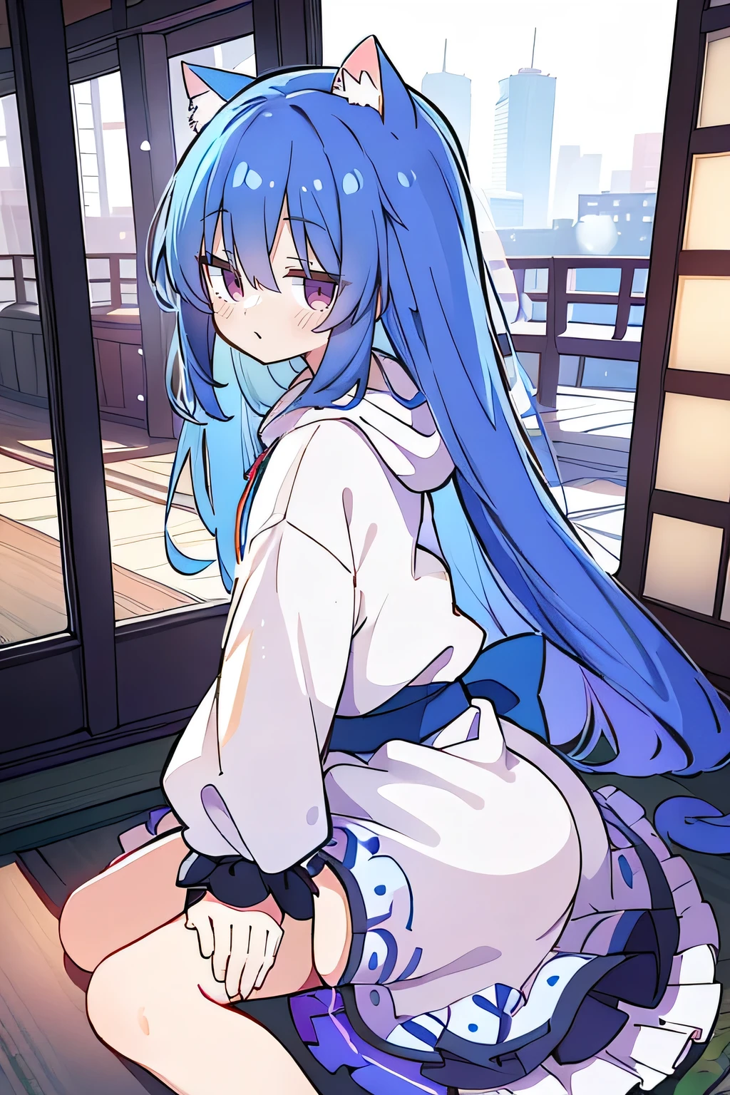 (masterpiece:1.2),Super detailed,lifelike,Expressive eyes,fair skin,perfect face shape,1 girl,
Japanese comics,Gorgeous blue hair,flowing blue hair,flowing clothes,Cat ears,Petals fall,beautiful lola,Baby Angel,
Shaking head with one hand,Cross your legs,Gentle and peaceful background,The pavilion is cool and comfortable,smile, wearing hoodie, background of tokyo,back views,snowing, winter.