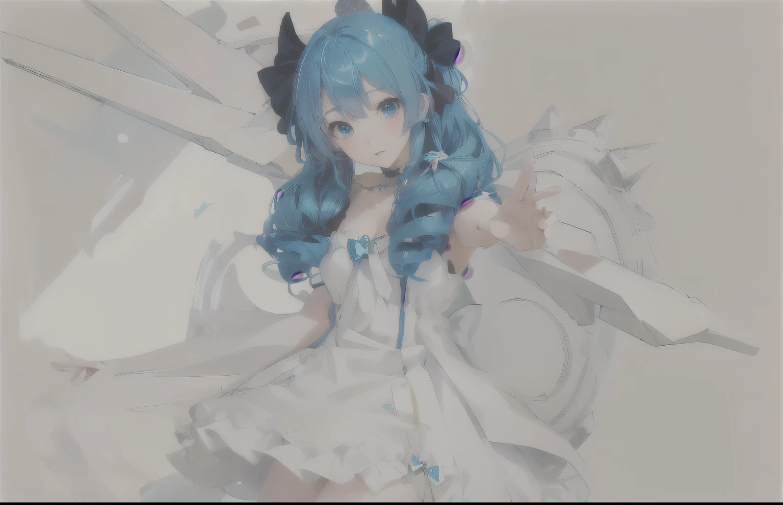 Chica anime con cabello azul y bincha azul con un vestido blanco., arte digital en pixiv, herramienta de pintura sai!! blue, ganador del concurso pixiv, pixiv, hecho con estudio de pintor anime, Pixiv 3DCG, miku, estilo pixiv, Arte Zerochan, estilo anime 2d, mejor valorados en pixiv, cirno, en pixiv,detalla la tijera el color,satura la imagen