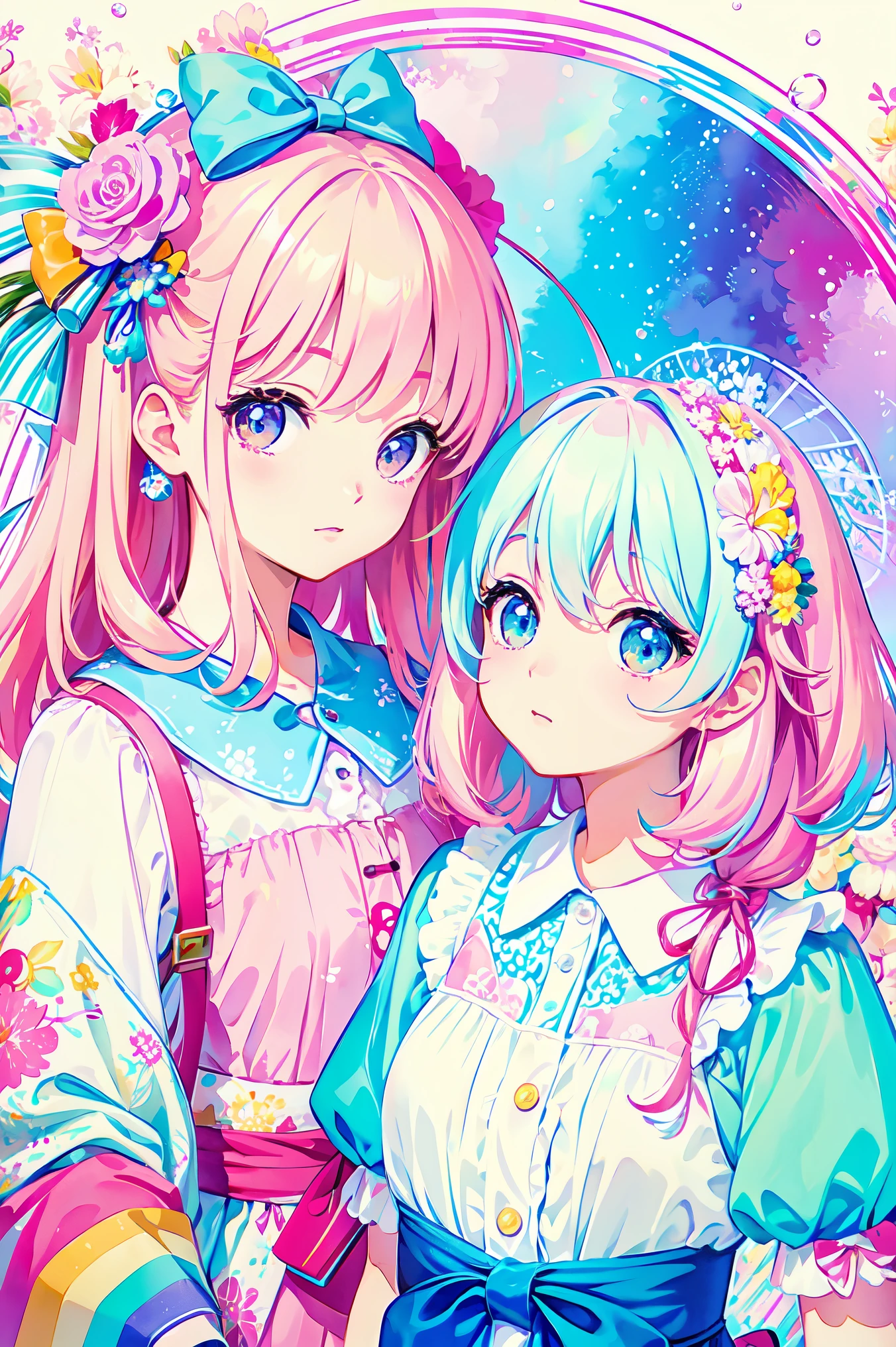 Yumekawa, dreamy cute, shopping, city, Harajuku, (masterpiece, highest quality, highest quality, watercolor (middle), Official Art, beautifully、aesthetic: 1.2), (2 girls: 1.3), (Fractal Art: 1.3), Upper Body, kiss, Lesbian, ta Fashion, Loliiewer Watch, pattern, break, (pastel hair: 1.2), break, Soap bubble, Rainbow behind, cloud, colorful, Soap bubble, Spread throughout, cute, pastel,