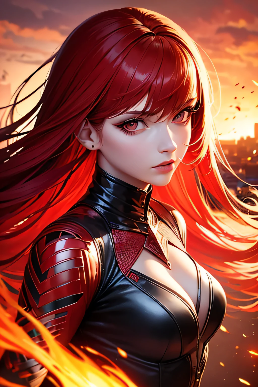 best quality,ultra-detailed,realistic:fairy girl with red wings,flaming red hair and fiery face,(black suit with striking red details:1.1),luxurious,expressionless expression,sharp focus,vivid colors,portraits,colorful lighting