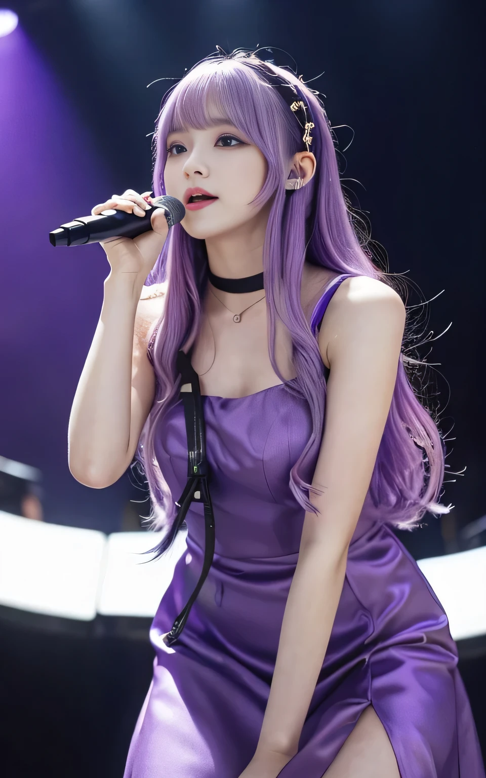 (highest quality, Leaning Forward:1.2), 1 female singer, 20 years old, Otherworldly fantasy,Shoulder strap,Sing alone, Light purple hair,Beautiful eyes in every detail),Upper Body,bangs,ear, Gorgeous deep purple outfit, Mysterious, Long Hair, blush, Displaying the viewer,Singing voice that captivates the audience