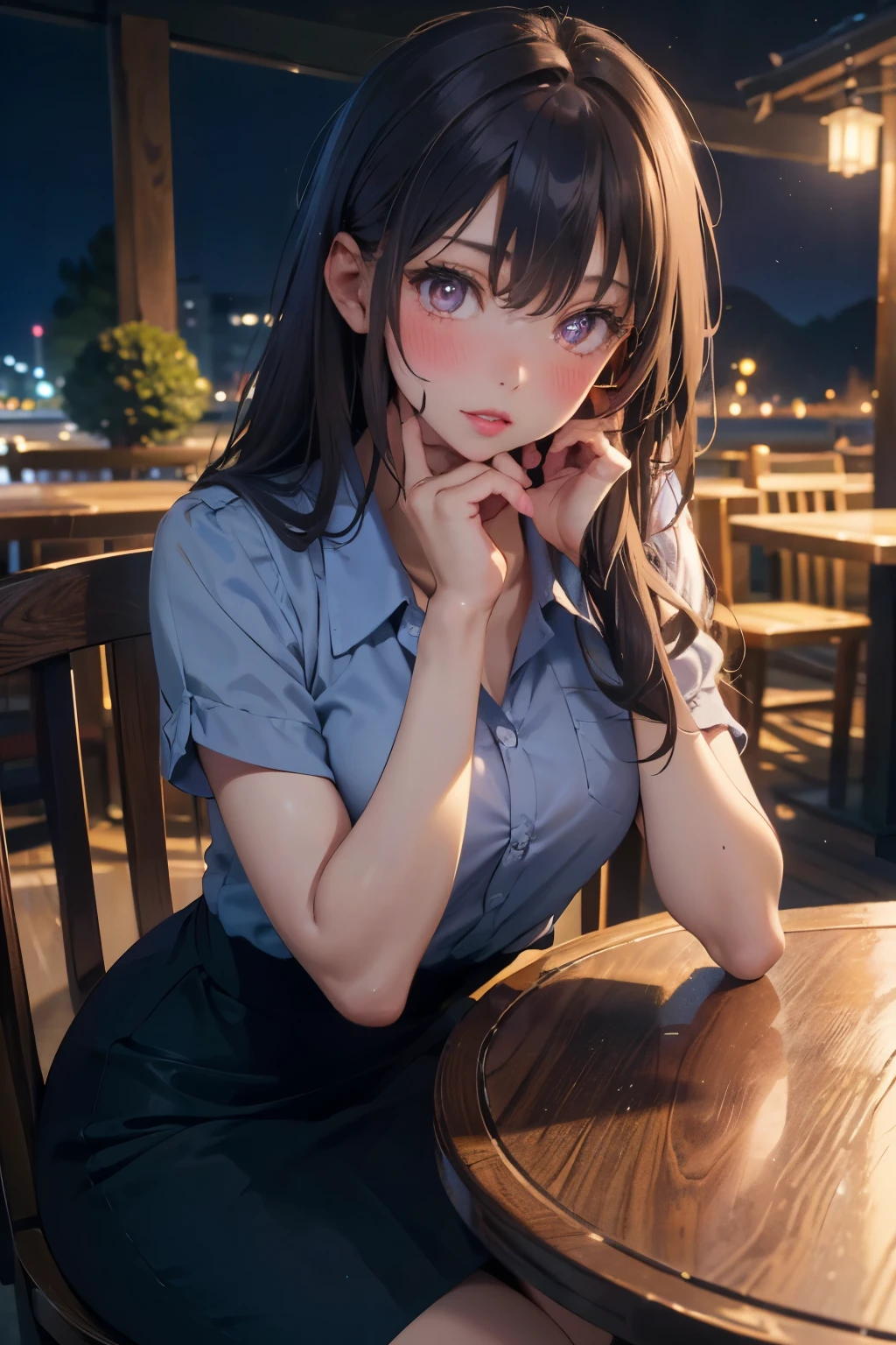 Beautiful girl in school uniform Drinking bubble milk tea in a crowded coffee shop. She hid in the corner of the seat next to the glass. Light shone on her face. The eyes are very reflective during the day.