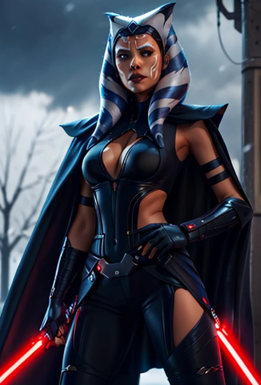 photorealistic, octane render, best quality, sharp focus, 8k, 4k, Masterpiece, Best Quality, realistic skin texture, extremely detailed, intricate, hyper detailed, illustration, soft lighting, high resolution, sharp detail, ahsoka tano, young, dark_ahsoka, sith, full body, evil, red lightsaber
with red visor,armor,black gloves,black bodysuit,cape, black pants,looking at viewer, standing, medium shot, hands on hips, outside, park, trees, winter, blue sky, high quality, masterpiece,