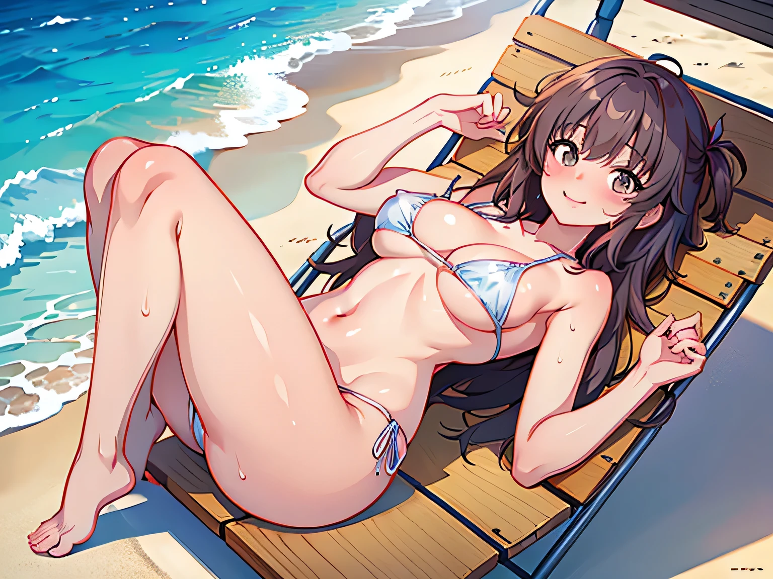 Anime illustration、highest quality、Voluptuous gravure idol、Perfect proportions、bikini、Deck chair、Sandy Beach、smile、Big Breasts、Thick legs、Sweaty