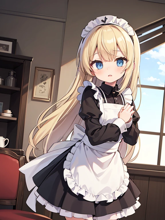 (8k, highest quality, Tabletop:1.2)、Ultra-high resolution, One ****************, Perfect Fingers, Detailed face, blue eyes, Blonde, Straight Hair, Long Hair, Black maid outfit,  Inside the castle, Standing on the windowsill