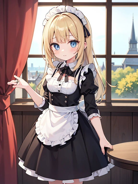 (8k, highest quality, Tabletop:1.2)、Ultra-high resolution, One 14-year-old girl, Perfect Fingers, Detailed face, blue eyes, Blonde, Straight Hair, Long Hair, Black maid outfit,  Inside the castle, Standing on the windowsill