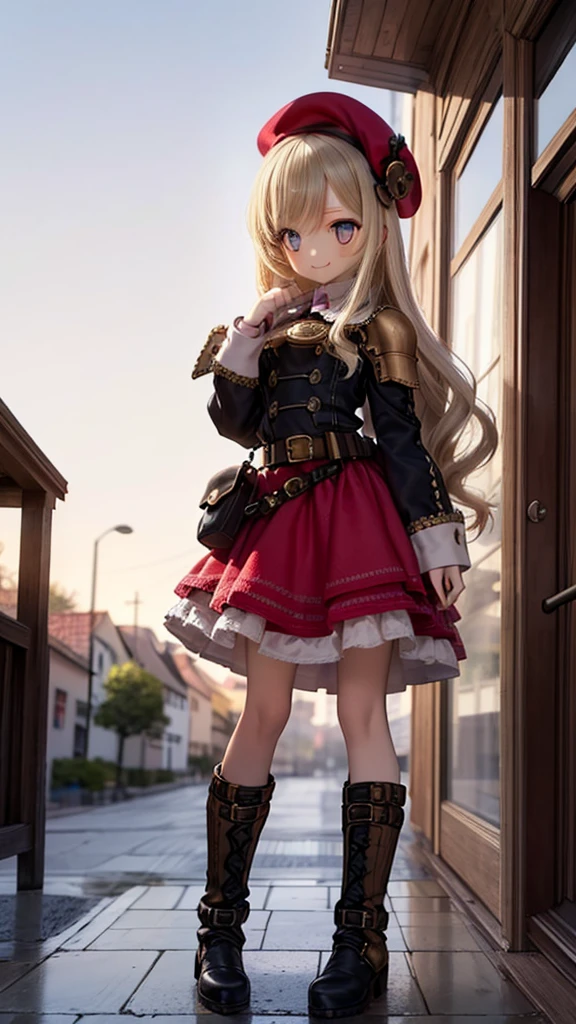 (14th century), (Medieval Fantasy), (Medieval German stone town),Cobblestone Street,pretty girl, beautiful girl, Beautiful Face, Round eyes, highest quality, Very detailed, smile, (steampunk),Long sleeve,Layered skirt, Blonde,Long Hair, belt,beret,Pouch,boots,Sun in the sky