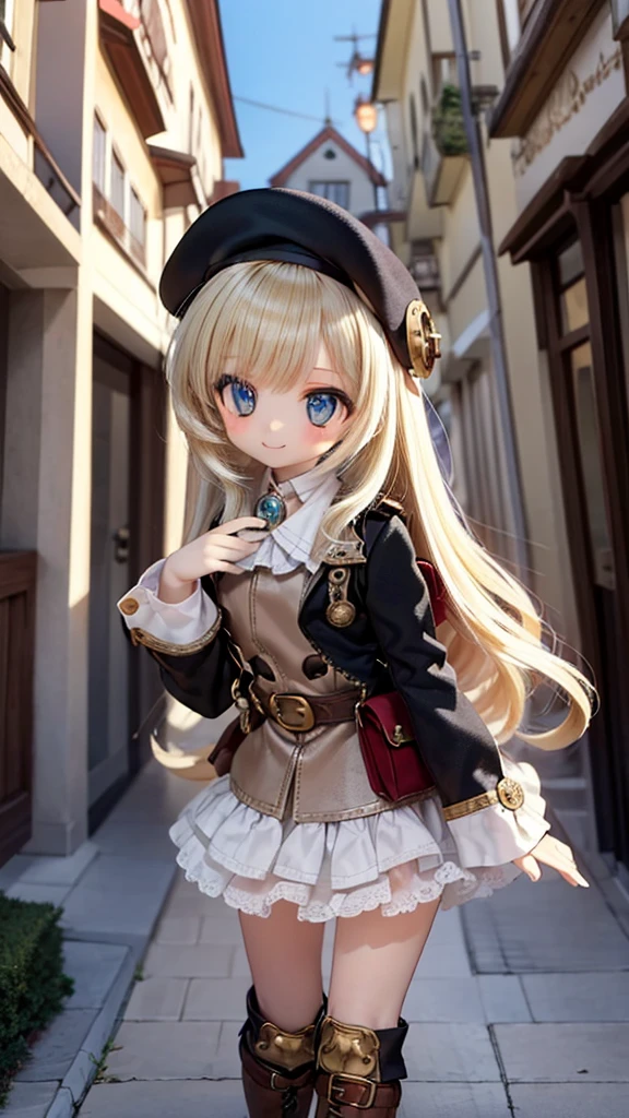 (14th century), (Medieval Fantasy), (Medieval German stone town),Cobblestone Street,pretty girl, beautiful girl, Beautiful Face, Round eyes, highest quality, Very detailed, smile, (steampunk),Long sleeve,Layered skirt, Blonde,Long Hair, belt,beret,Pouch,boots,Sun in the sky