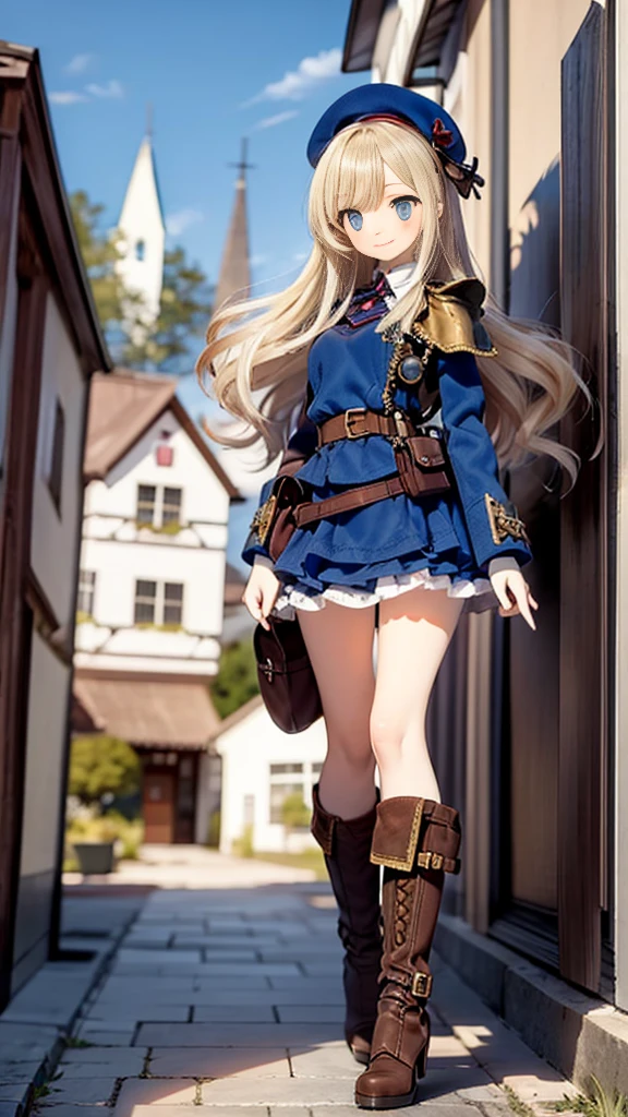 (14th century), (Medieval Fantasy), (Medieval German stone town),Cobblestone Street,pretty girl, beautiful girl, Beautiful Face, Round eyes, highest quality, Very detailed, smile, (steampunk),Long sleeve,Layered skirt, Blonde,Long Hair, belt,beret,Pouch,boots,Sun in the sky