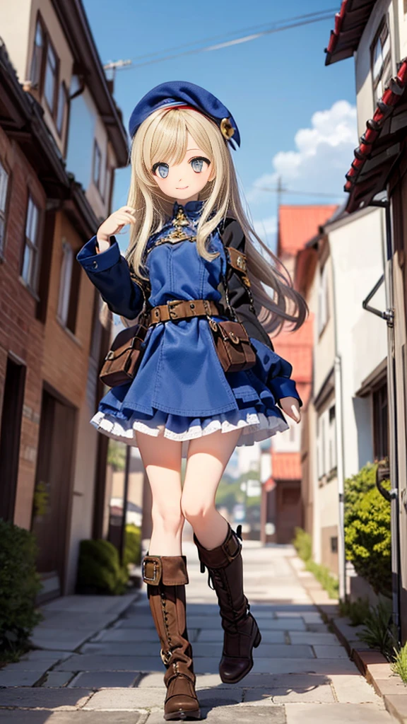 (14th century), (Medieval Fantasy), (Medieval German stone town),Cobblestone Street,pretty girl, beautiful girl, Beautiful Face, Round eyes, highest quality, Very detailed, smile, (steampunk),Long sleeve,Layered skirt, Blonde,Long Hair, belt,beret,Pouch,boots,Sun in the sky