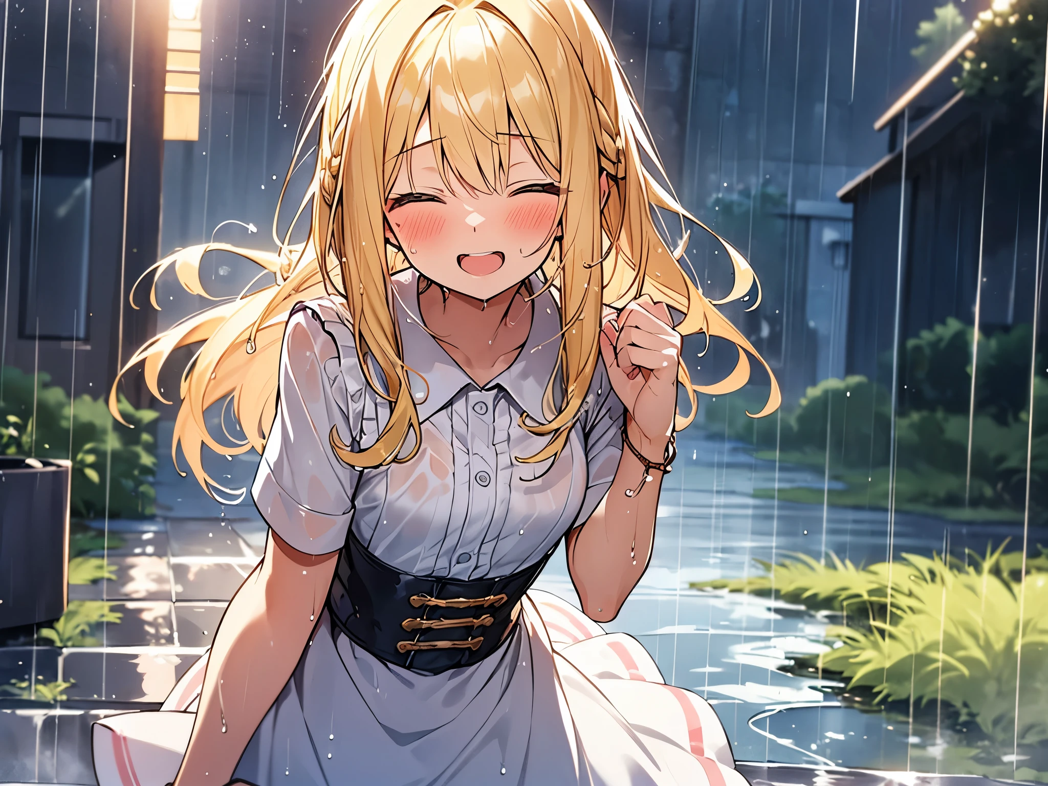 Top quality, (1 beautiful girl), junior high school student, Blonde, Braided hair, Medium Hair, wet Hair, standard weight, , (wet), laugh with an open mouth, blush, closed eyes, dancing and turning, rainy, beautiful scene of alley, water drops, cowboy shot