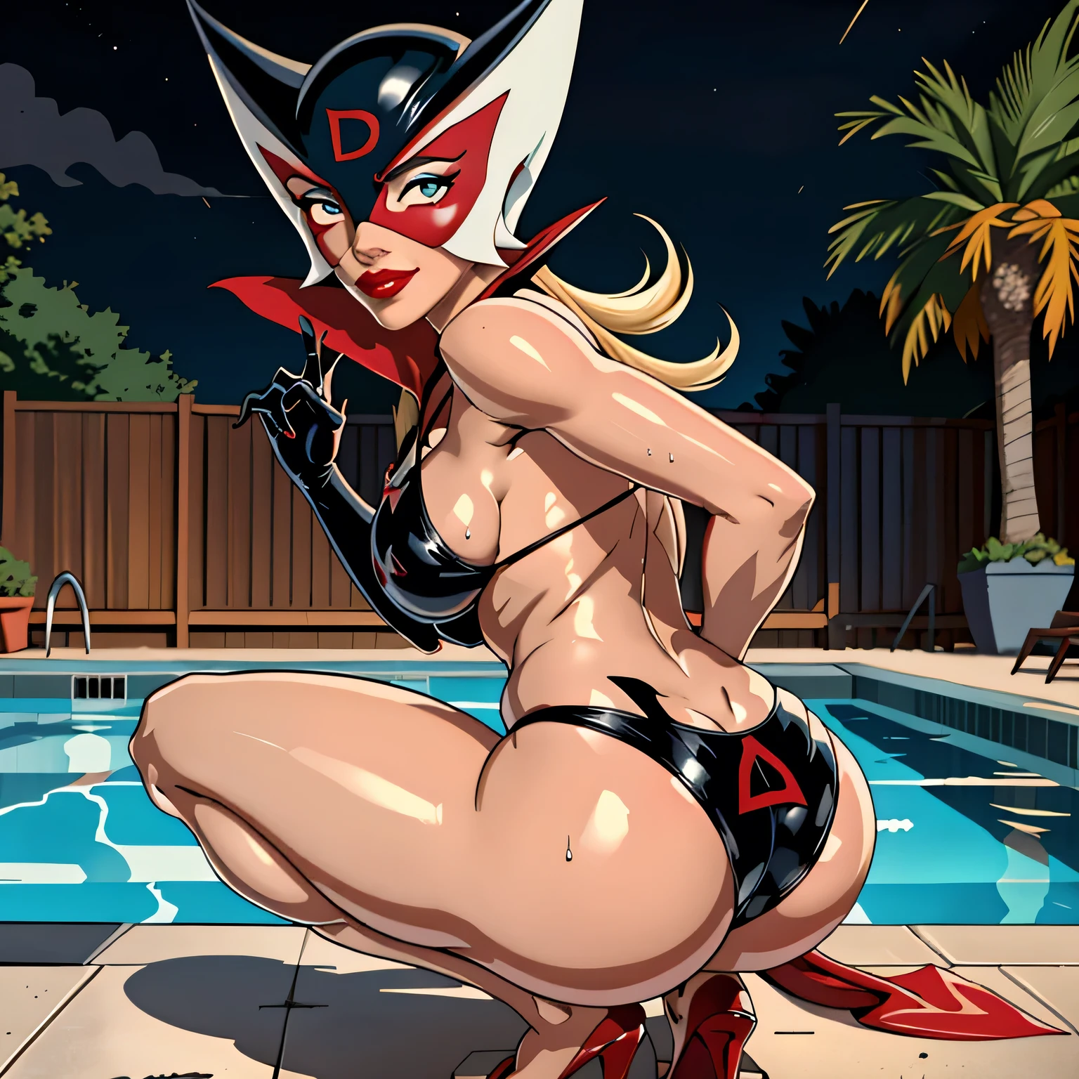 ((highest quality)), ((masterpiece)), (Familiar), (High resolution), Cinematic, (Complex:1.4), Best Shadow, Side lighting, 8k, ((Charlize Theron)), ((Doronjo)), Perfect Face, detailed, (Accurate hand and finger depiction), (Doronjo Mask), ((Skull Print Micro Bikini Swimsuit)), ((The mask has a big red D inscribed on the front.)), (Blonde long hair, Wet Hair), Beautiful long red nails, Deep Red Lipstick, (smile), Sweat, (Voluptuous body), (Large Breasts:1.2), Tight waist, (Big Ass:1.2), attractive, glamorous, ((Squatting by the pool:1.1)), ((Luxurious night pool)), (cowboy shot), An angle that emphasizes her big ass, ((Low angle view from directly behind:1.2))
