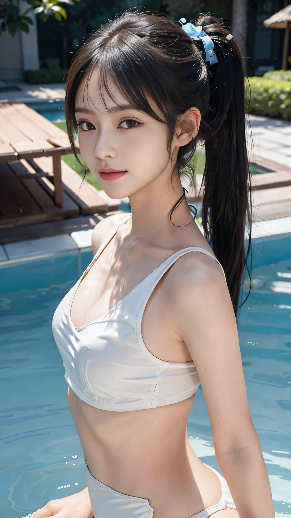 resort Pool at midnight,bikini,Close up face,One woman,masutepiece, The highest image quality, High quality, the background is clear,Beautiful woman, Japanese, Detailed, Detailed eyes, Detailed skin, Beautiful skin, 超hight resolution, (reality: 1.4),Very beautiful woman, Slightly younger face, Beautiful skin, slender, (Ultra photo realsisim), (hight resolution), (8K), (Very detailed) (beautifully detailed eyes), (super detailed), (Detailed face), view the viewer, Fine details, Detailed face, Staring straight ahead, Staring straight ahead, photos realistic, Bright lighting, Professional Lighting, Black hair,poneyTail,a baby face,fifteen years old,Hairstyle: ponytail,Long ponytail hairstyle,slight smile,neat and tidy clothing,Beautiful Japanese KPOP idol photo, hair style is ponytail, my eyes are double and wide, baby face, smile and look straight ahead, slender, small breasts,Close up face,