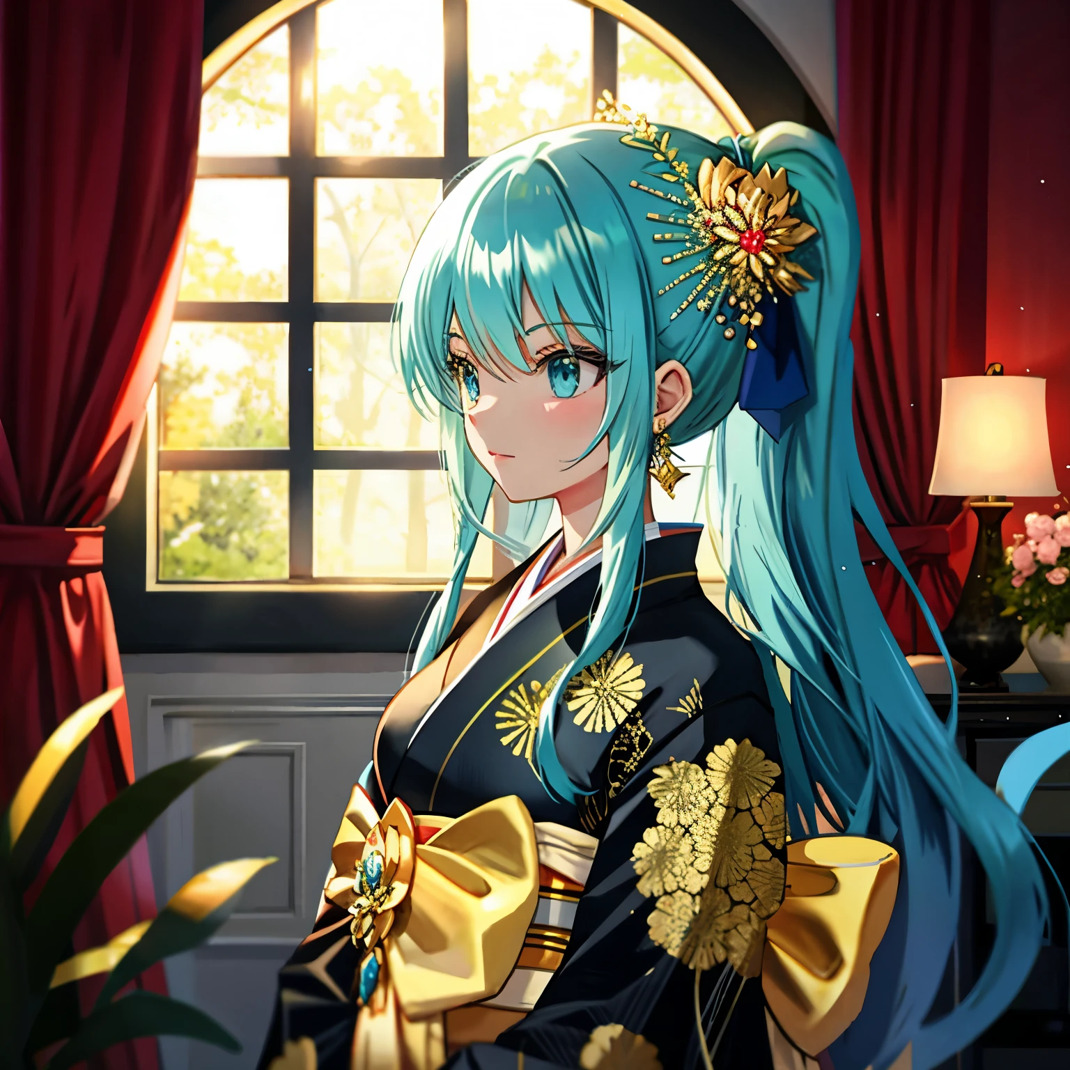 # AI illustration prompt
## Resolution
- 8K digital art
- Anime art wallpaper 8K
BREAK
## Quality
- Ultra quality and detailed art
BREAK
## image quality
- Ultra definition beauty
- Ultra-definition illustrations
BREAK
## Style
- white anime barbie
- biomechanical
BREAK
## Hairstyle and color
- Long, dark hair with blue highlights
- Gold, blue, green gradient
BREAK
## Color
- Green, blue and gold theme elements
- Addition of light blue, yellow, silver, and deep red
BREAK
## Body type and skin color
- Glossy and stylish system
- 160cm, glamorous curves
BREAK
## Emotions and movements
- Solemn expression
- Gaze sideways
BREAK
## theme
- Calm and introspective theme
- Quiet atmosphere through the rain
BREAK
## Important elements
- Character is the focus
- Indoor space with rainy windows in the background
BREAK
## Style
- Anime-inspired digital art
- Clean lines, fine shading
BREAK
## View of the world
- Modern, fantasy elements
BREAK
## Costume
- Intricate black and gold kimono and dress fusion costume
- Elegant jewelry including a blue flower hairpiece and earrings
BREAK
## Background
- Moody interior
- Introspective or gloomy atmosphere reflected by the rain seen through the window
BREAK
## Light and shadow
- Soft light from the chandelier
- The light from the chandelier reflects on the jewels and gold embroidery
- The moonlight makes the character's silhouette stand out
- Shadows are soft and emphasize the three-dimensionality of the character
BREAK