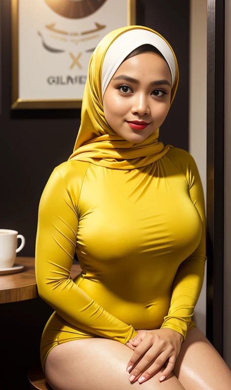 Half body portrait of a 33 years old malay woman sit in front of giant mirror, wearing hijab, wearing yellow mustard leotard with satin green slack, narrow waist, indoor shot, looking up at coffee shop sign, soft lighting, smirk face, circle bokeh , big breast, catwalk, morningtime, surrounded by a comfortable, cool atmosphere, looking at the viewer. (Skin details:1.3), hairy hands, Hijab, slim, red lips, seductive with bokeh camera background