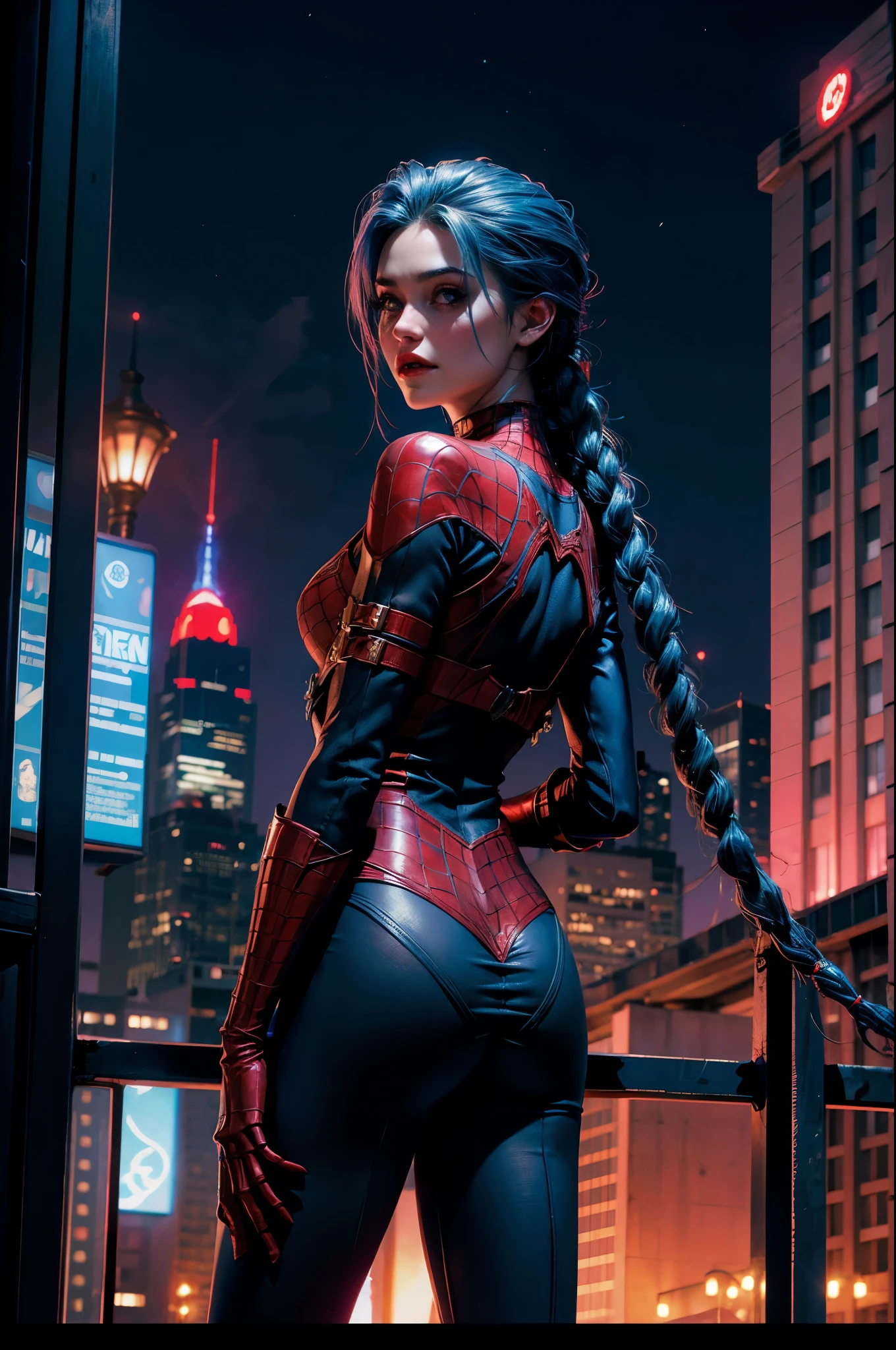 traje azul y rojo de spider man. Jinx en metropolis, de noche. en un super edificio alto, con traje de super heroe, spider woman
