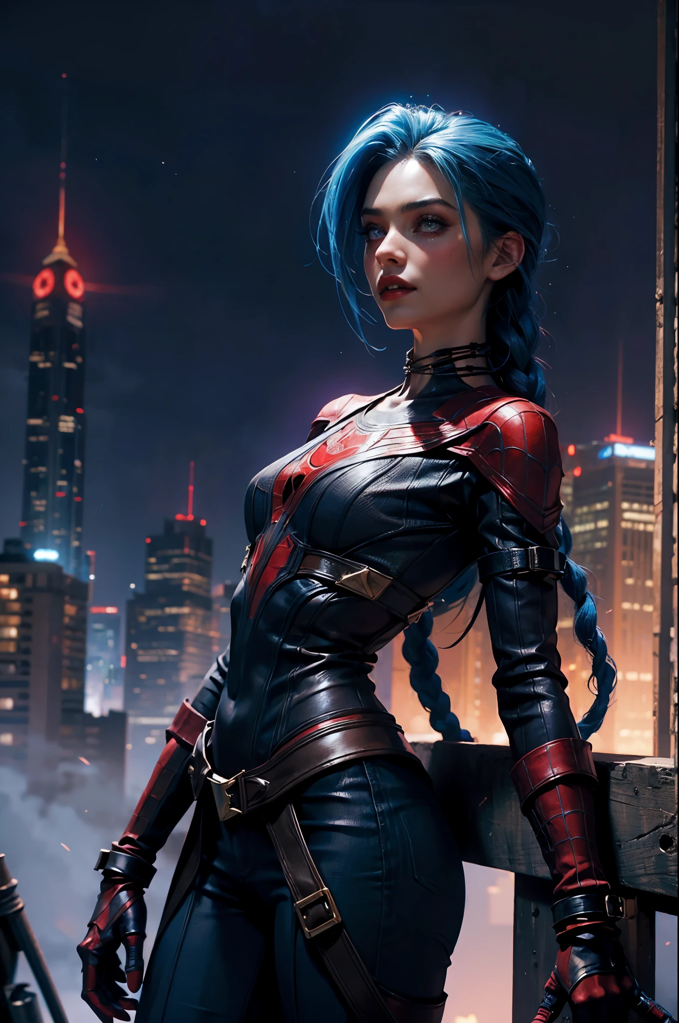 traje azul y rojo de spider man. Jinx en metropolis, de noche. en un super edificio alto, con traje de super heroe, spider woman
