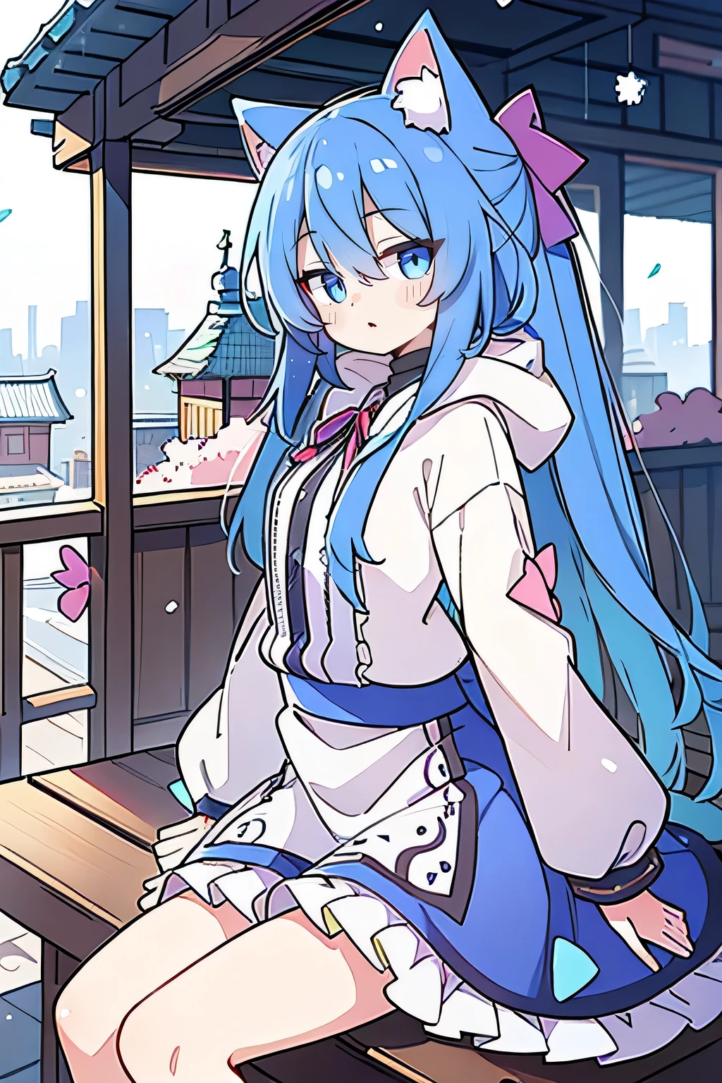 （masterpiece：1.uper detailed，lifelike，Expressive eyes，fair skin，perfect face shape，1 girl，
Japanese comics,Gorgeous blue hair,flowing blue hair,flowing clothes,Cat ears,Petals fall,beautiful lola,Baby Angel,
Shaking head with one hand，Cross your legs，Gentle and peaceful background，The pavilion is cool and comfortable,smile, wearing hoodie, background of tokyo,back views,snowing, winter.