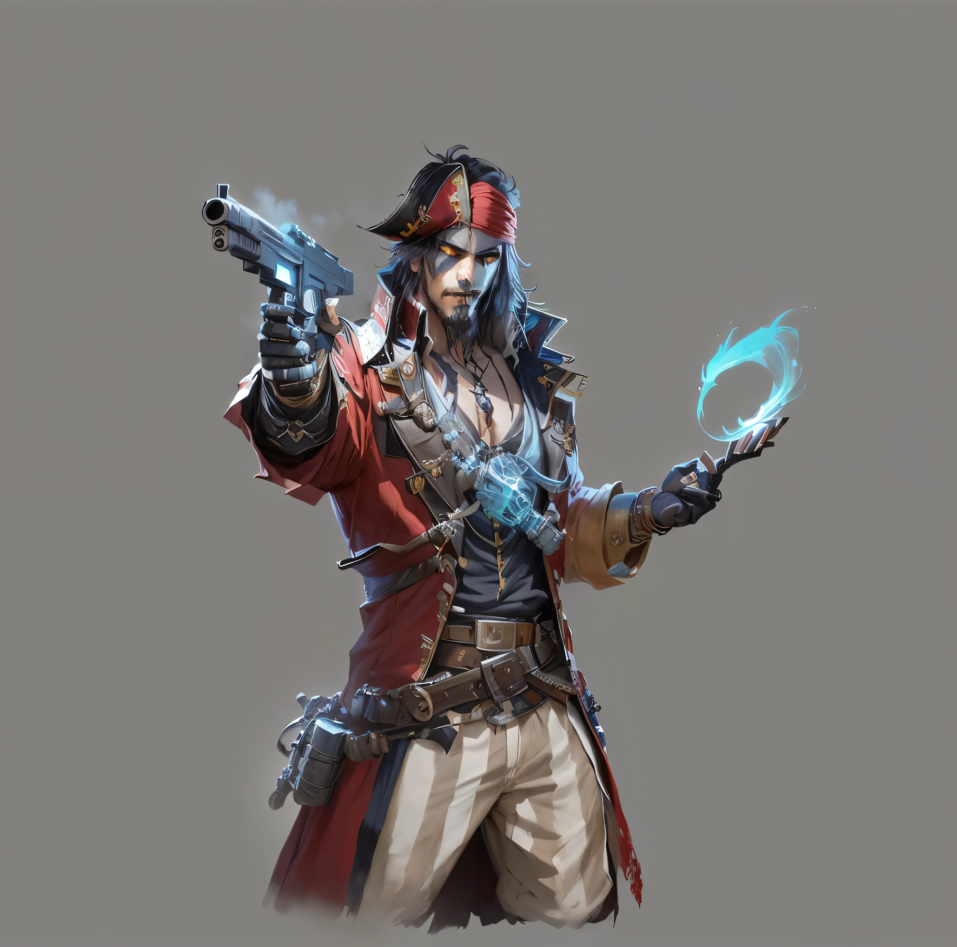 pirate with a gun and a skull on his chest, swashbuckler class pirate, pirate captain, Splash Screen Character art, pirate, a pirate, zombie pirate, robot pirate, pirate portrait, space , Draw as game concept art, Expert High Detail Concept Art, Character art, hero character art, Single character concept art, Game Character art, robot