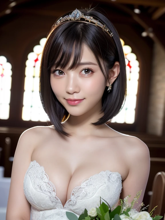 (best quality:1.5), (Practical:1.5), (1 person:1.5), (Medium shot:1.5), Very detailed, high resolution, 8k wallpaper, , Small Breasts, Natural lips, Lovely smile, Japanese women, 20 year old girl, Beautiful and elegant face, Perfect beautiful face, big eyes, brunette eyes, Beautiful and elegant face, Perfect and beautiful double eyelids, Natural bangs, Beautiful and slender nose, beautiful skin, Chestnut hair, medium length bob hairstyle, shortcut, Natural bangs, Perfect beautiful face, Slim face and figure, (Looking at the camera), Bright Lights, Professional lighting, forward lighting, Natural smile, church, Princess line wedding dress, Headdress、Hold the bouquet to belly height、(Large Breasts、(((Cleavage))) photography, 8k, HDR, high resolution, absurd:1.2, Kodak Portrait 400, Film Grain, Blurred background, Bokeh:1.2, lens flare, (Full of energy_color:1.2),专业photography师