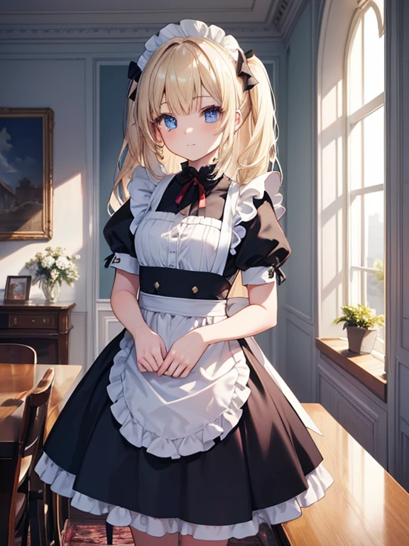 (8k, highest quality, Tabletop:1.2)、Ultra-high resolution, One 14-year-old girl, Perfect Fingers, Detailed face, blue eyes, Blonde, Straight Hair, Long Hair, Black maid outfit, Inside the castle, Standing on the windowsill