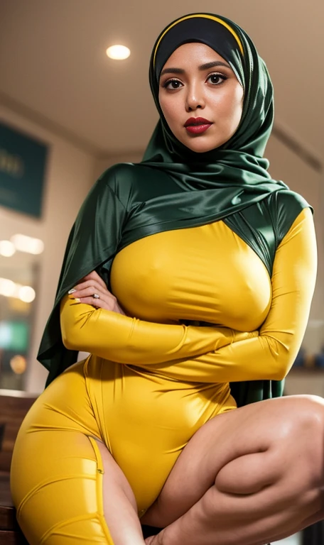 Half body portrait of a 33 years old malay woman sit in front of giant mirror, wearing hijab, wearing yellow mustard leotard with satin green slack, narrow waist, indoor shot, looking up at coffee shop sign, soft lighting, smirk face, circle bokeh , big breast, catwalk, morningtime, surrounded by a comfortable, cool atmosphere, looking at the viewer. (Skin details:1.3), hairy hands, Hijab, slim, red lips, seductive with bokeh camera background