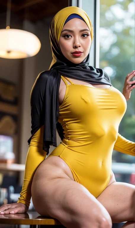 Half body portrait of a 33 years old malay woman sit in front of giant mirror, wearing hijab, wearing yellow mustard leotard with satin green slack, narrow waist, indoor shot, looking up at coffee shop sign, soft lighting, smirk face, circle bokeh , big breast, catwalk, morningtime, surrounded by a comfortable, cool atmosphere, looking at the viewer. (Skin details:1.3), hairy hands, Hijab, slim, red lips, seductive with bokeh camera background