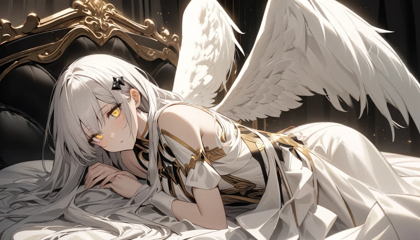 One woman, flowing white hair, melancholy eyes, yellow eyes, black diamond-shaped hairpin,One woman, flowing white hair, melancholy eyes, yellow eyes, black diamond-shaped hairpin, dressed in angelic clothes made of silk, angel wings, luxurious silk bed, Lie face down and looking at us from the side,