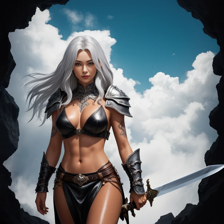 friendly Tall beautiful and strong female cloud giant with silver hair and large sword and glowing tattoos and tanned skin wearing a revealing leather top, background is cloud castle