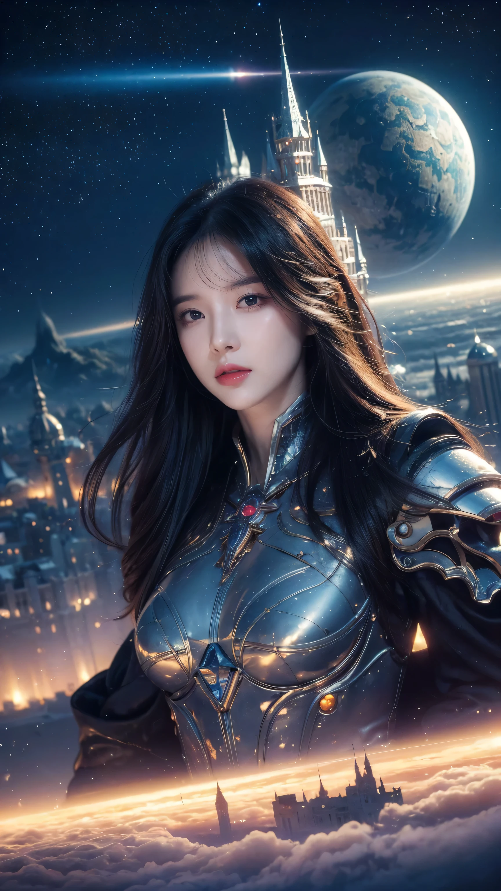 ((masterpiece)), best quality, (8k, best quality, masterpiece:1.2), Super detailed, illustration, Big Fantasy City, Science fiction, The Empty City, Floating city, There are many planets in the sky, There are clouds around, Celestial Architecture, Purple energy leaves scars, Giant castle in the center, Starry Sky