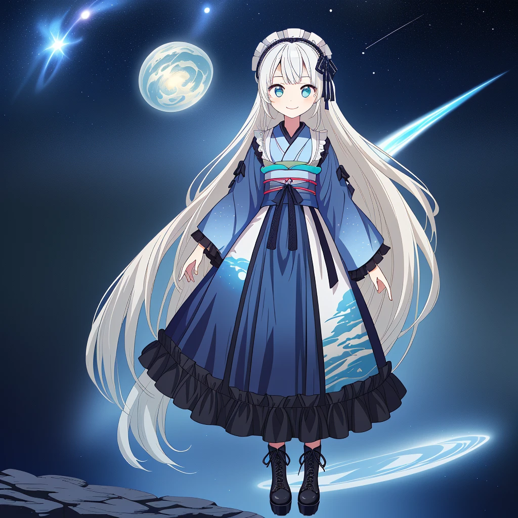 (((highest quality、Very detailedな、masterpiece、Very detailed)))、Milky white straight long hair with a blue gradation inner color、Medium Hair、((Kimono dark blue:universe)) (Gothic Lolita:1.2)、one person、Town、Day々Crop、Full Shot,Lace-up boots,Big eyes,Smile