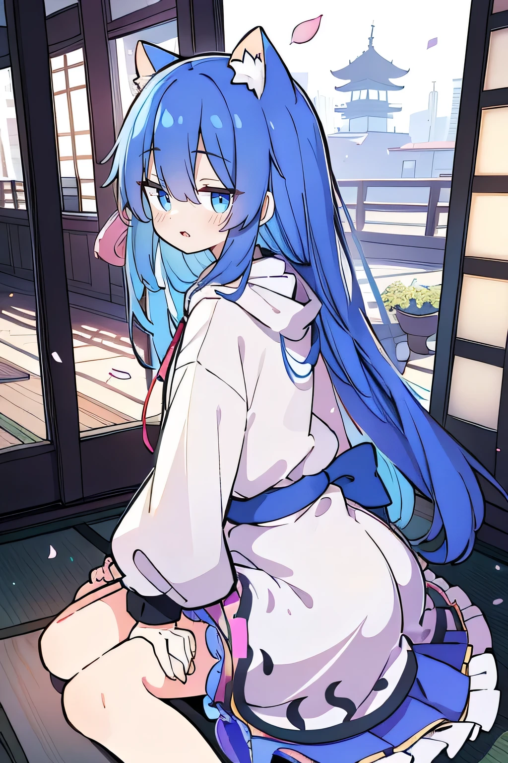 （masterpiece：1.2），Super detailed，lifelike，Expressive eyes，fair skin，perfect face shape，1 girl，
Japanese comics,Gorgeous blue hair,flowing blue hair,flowing clothes,Cat ears,Petals fall,beautiful lola,Baby Angel,
Shaking head with one hand，Cross your legs，Gentle and peaceful background，The pavilion is cool and comfortable,smile, wearing hoodie, background of tokyo,back views,snowing, winter.