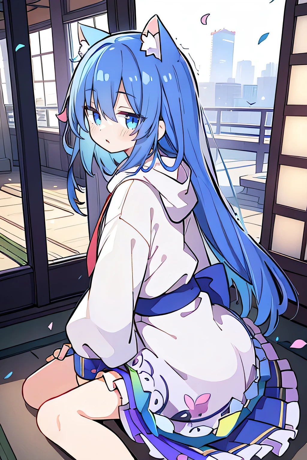 (masterpiece:1.2),Super detailed,lifelike,Expressive eyes,fair skin,perfect face shape,1 girl,
Japanese comics,Gorgeous blue hair,flowing blue hair,flowing clothes,Cat ears,Petals fall,beautiful lola,Baby Angel,
Shaking head with one hand,Cross your legs,Gentle and peaceful background,The pavilion is cool and comfortable,smile, wearing hoodie, background of tokyo,back views,snowing, winter.