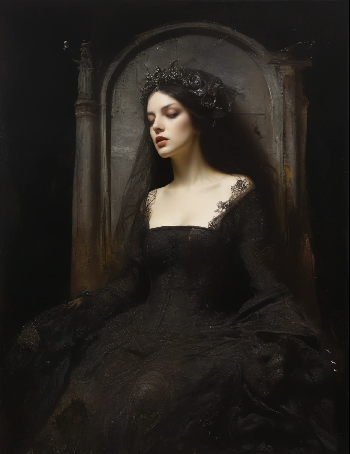James Gurney, Surrealist art , dream-like, Mysterious, Provocative, symbolic, Complex, detailed,, (Gothic but very beautiful:1.4), (masterpiece, highest quality:1.4) , Nicola Samori Style, Beautiful woman