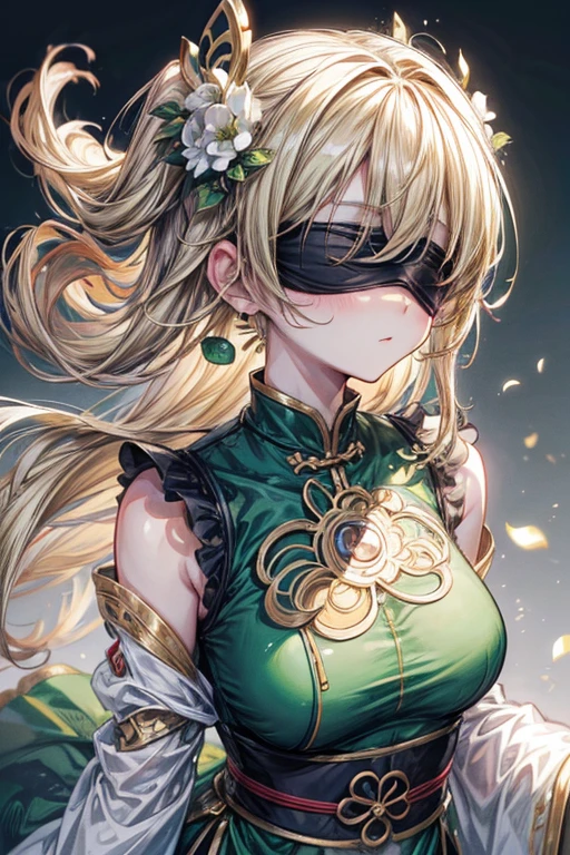 (masterpiece, best quality, perfect face, expressive eyes), 1girl, (anime), (adult), sandy blonde hair, ((blindfold)), jade earring, green and white cheongsam,  hair ornament, curly hair