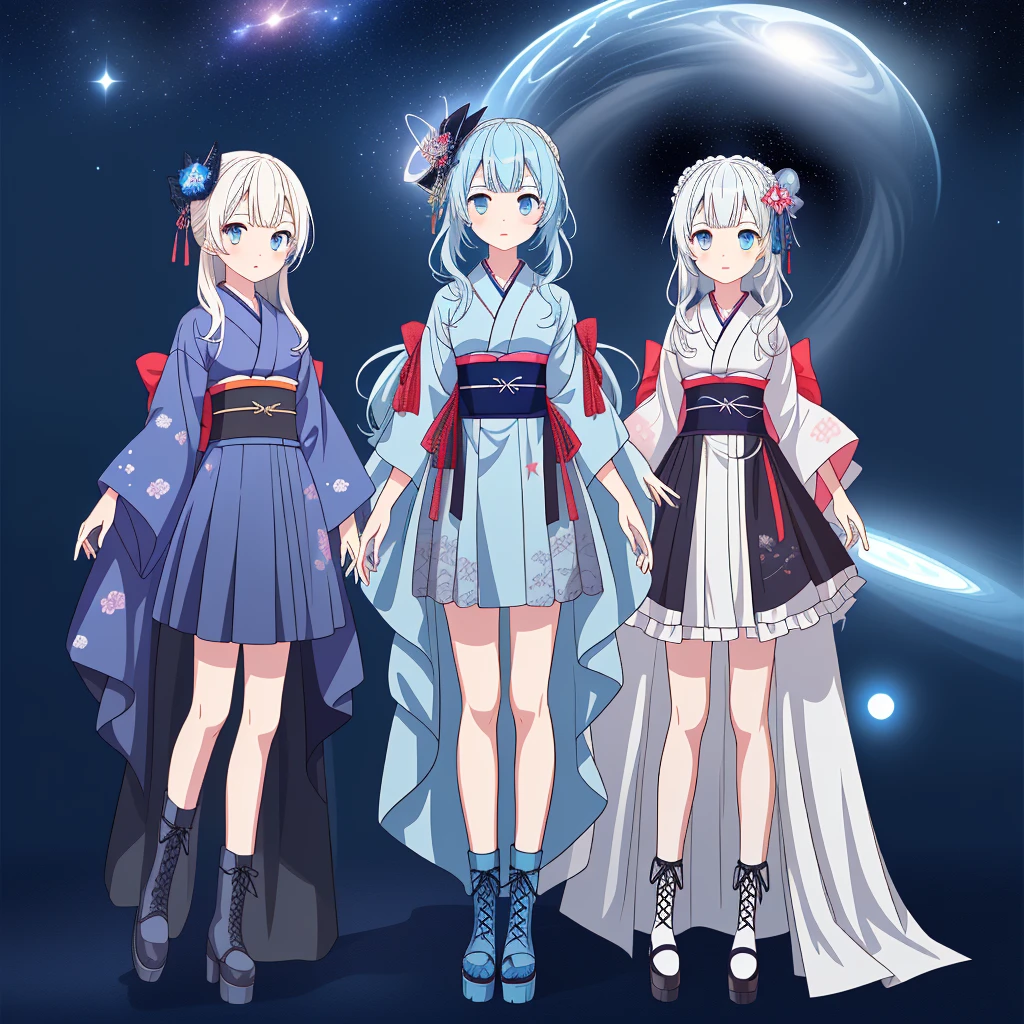 (((highest quality、Very detailedな、masterpiece、Very detailed)))、Milky white straight long hair with a blue gradation inner color、Medium Hair、((Kimono dark blue:universe)) (Gothic ta:1.2)、one person、Town、Day々Crop、Full Shot,Lace-up boots,blue eyes、Star Fairy、